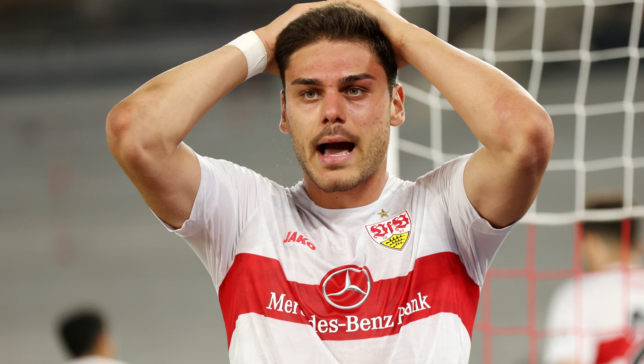 STUTTGART, GERMANY - JUNE 01: Konstantinos Mavropanos of VfB Stuttgart reacts during the Bundesliga playoffs first leg match between VfB Stuttgart and Hamburger SV at Mercedes-Benz Arena on June 01, 2023 in Stuttgart, Germany. (Photo by Alexander Hassenstein/Getty Images)