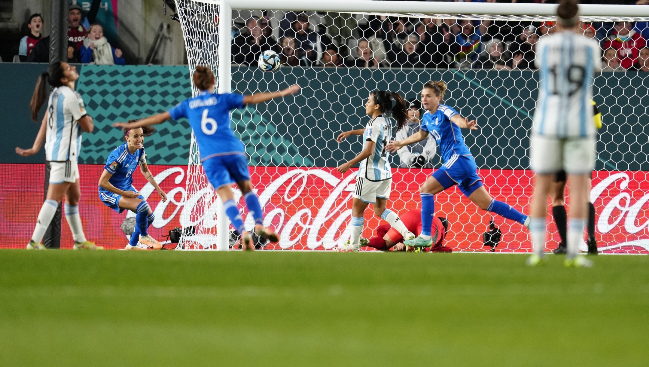 Italy's Cristiana Girelli, right, scores her side's first goal during the Women's World Cup Group G soccer match between Italy and Argentina at Eden Park in Auckland, New Zealand, Monday, July 24, 2023. (AP Photo/Abbie Parr)