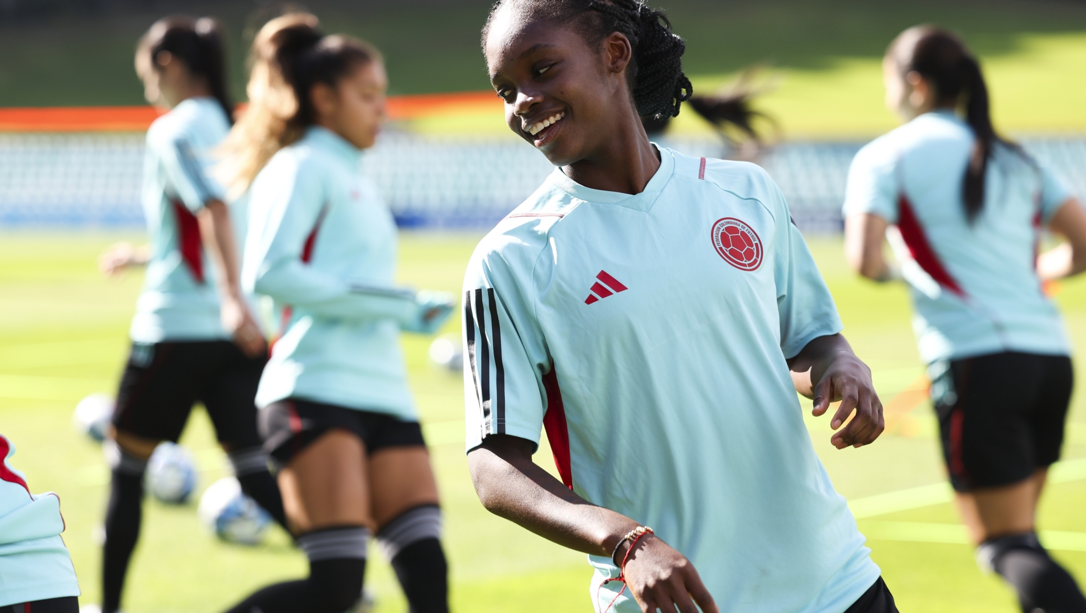 Colombia's Linda Caicedo trains with her teammates at Leichhardt Oval ahead of their game against Germany in Sydney, Australia, Saturday, July 29, 2023. (AP Photo/Sophie Ralph)