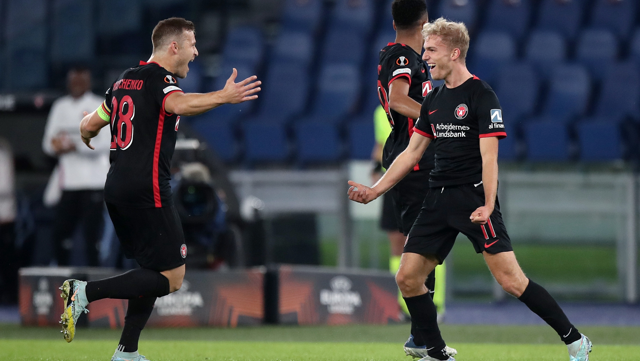 ROME, ITALY - OCTOBER 27: Gustav Isaksen of FC Midtjylland celebrates after scoring their side's first goal during the UEFA Europa League group F match between SS Lazio and FC Midtjylland at Stadio Olimpico on October 27, 2022 in Rome, Italy. (Photo by Paolo Bruno/Getty Images)