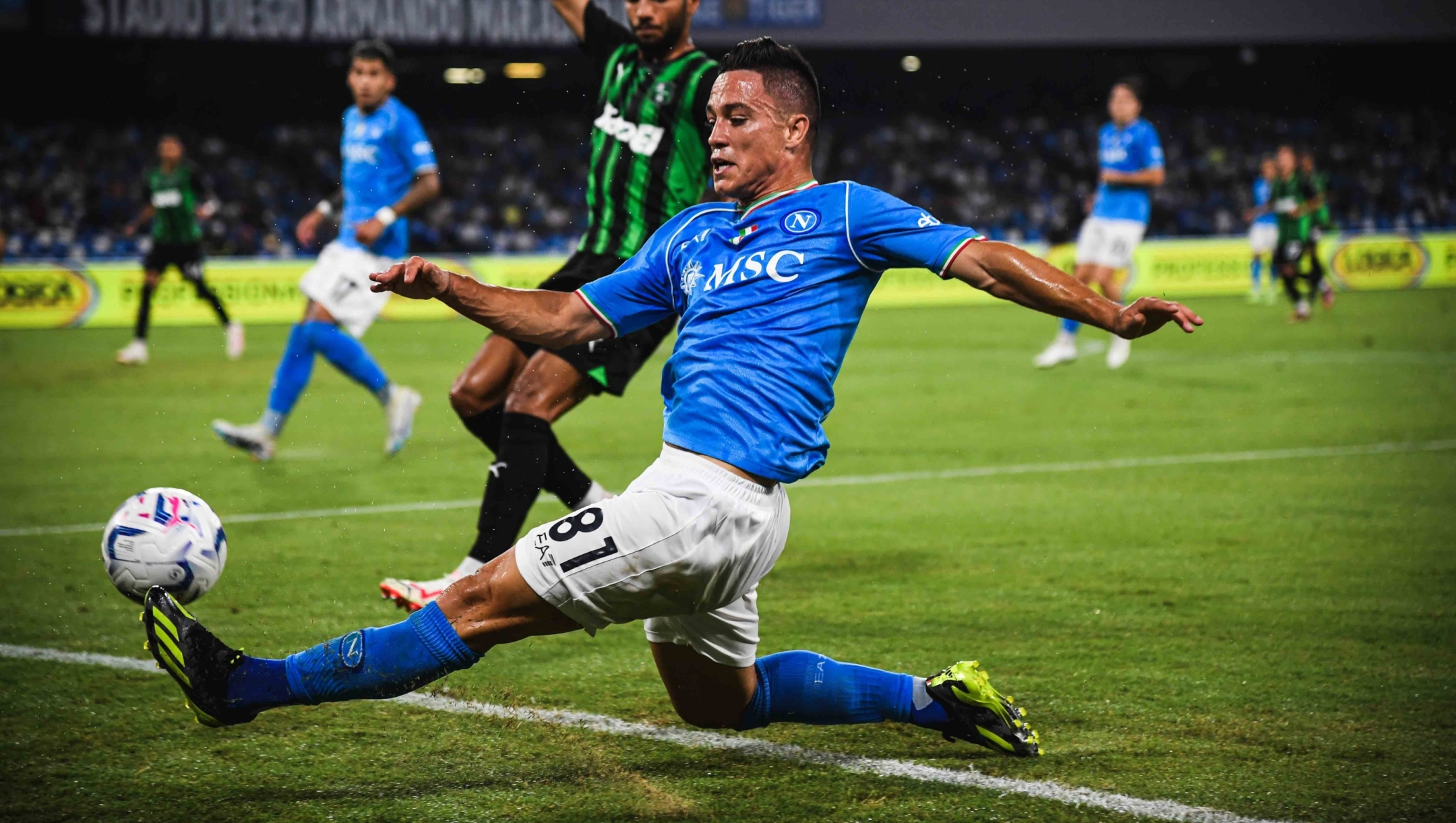 NAPLES, ITALY - AUGUST 27: Giacomo Raspadori of Napoli during the Serie A TIM match between SSC Napoli and US Sassuolo at Stadio Diego Armando Maradona on August 27, 2023 in Naples, Italy. (Photo by SSC NAPOLI/SSC NAPOLI via Getty Images)