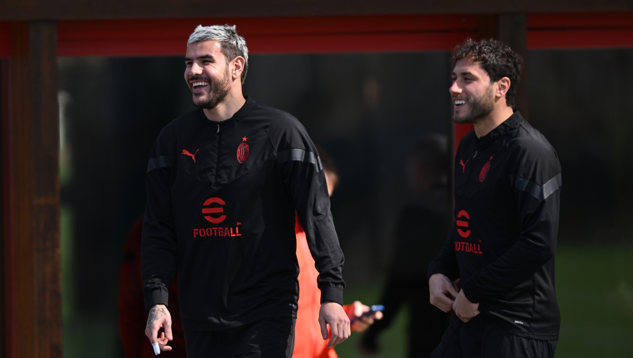 CAIRATE, ITALY - APRIL 05: Theo Hernandez and Davide Calabria of AC Milan smile during AC Milan training session at Milanello on April 05, 2023 in Cairate, Italy. (Photo by Claudio Villa/AC Milan via Getty Images)