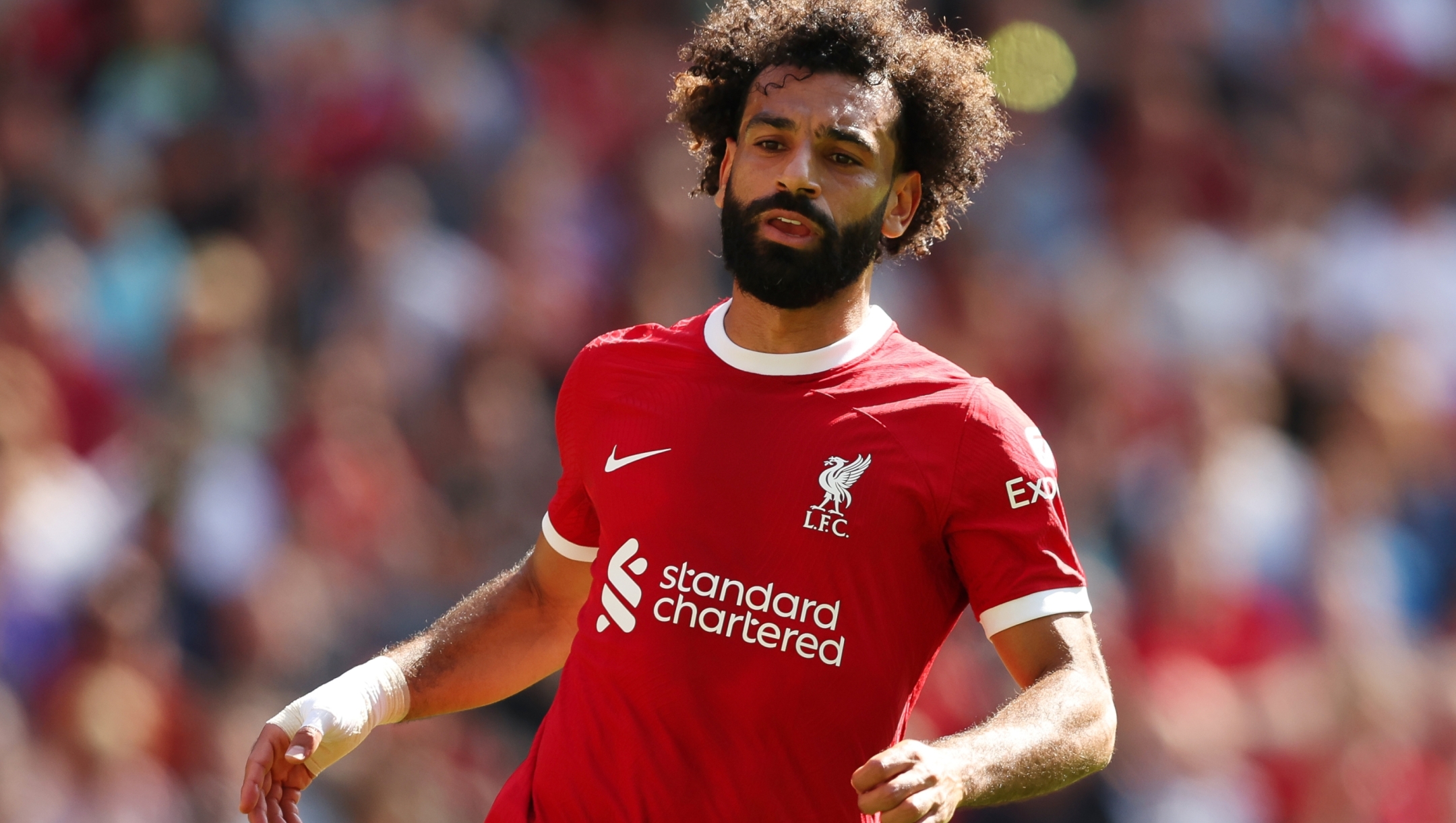 LIVERPOOL, ENGLAND - SEPTEMBER 03: Mohamed Salah of Liverpool during the Premier League match between Liverpool FC and Aston Villa at Anfield on September 03, 2023 in Liverpool, England. (Photo by Matt McNulty/Getty Images)