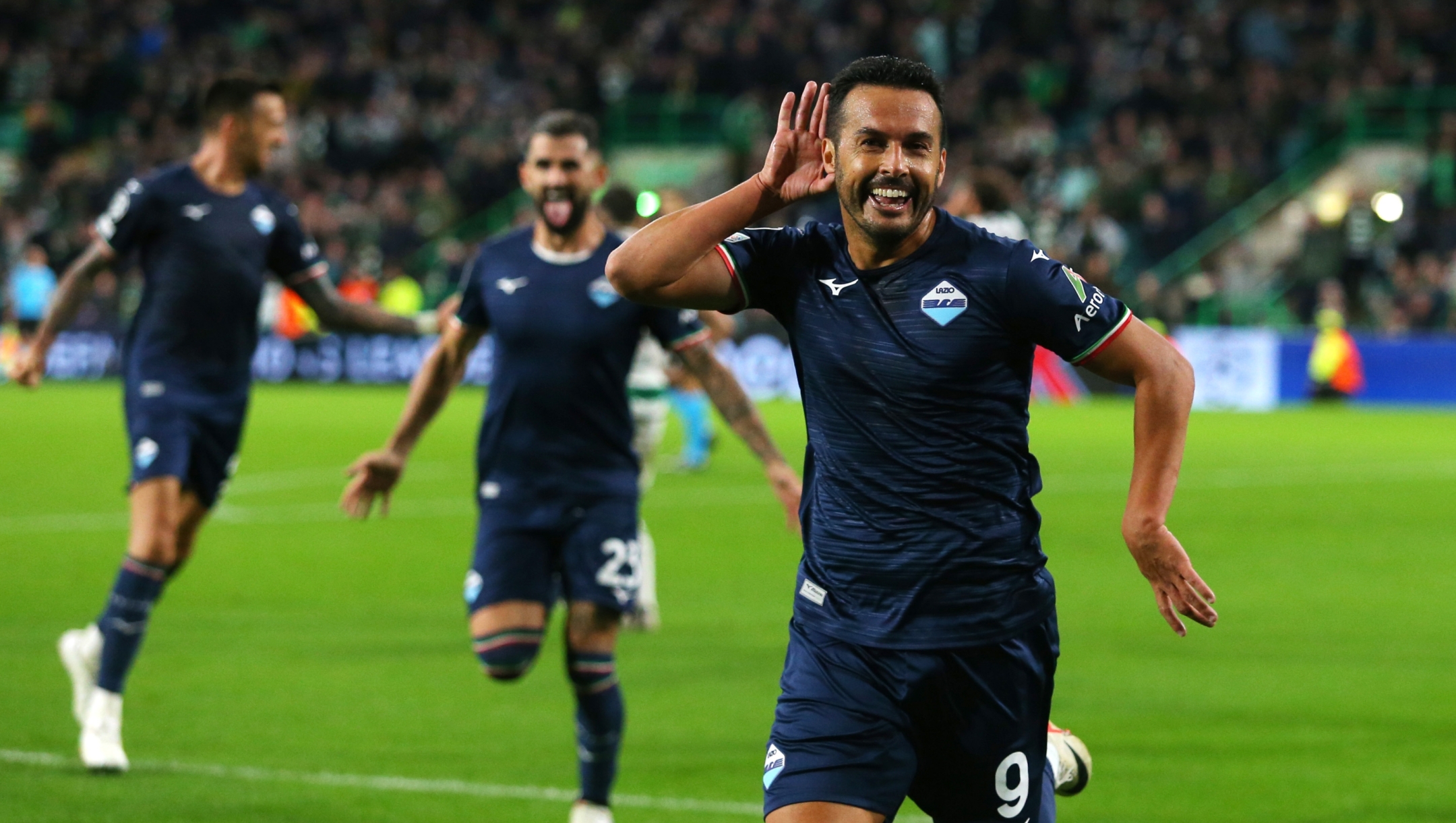 GLASGOW, SCOTLAND - OCTOBER 04:  Pedro of SS Lazio celebrates after scoring the team's second goal during the UEFA Champions League Group E match between Celtic FC and SS Lazio at Celtic Park Stadium on October 04, 2023 in Glasgow, Scotland. (Photo by Marco Rosi - SS Lazio/Getty Images)