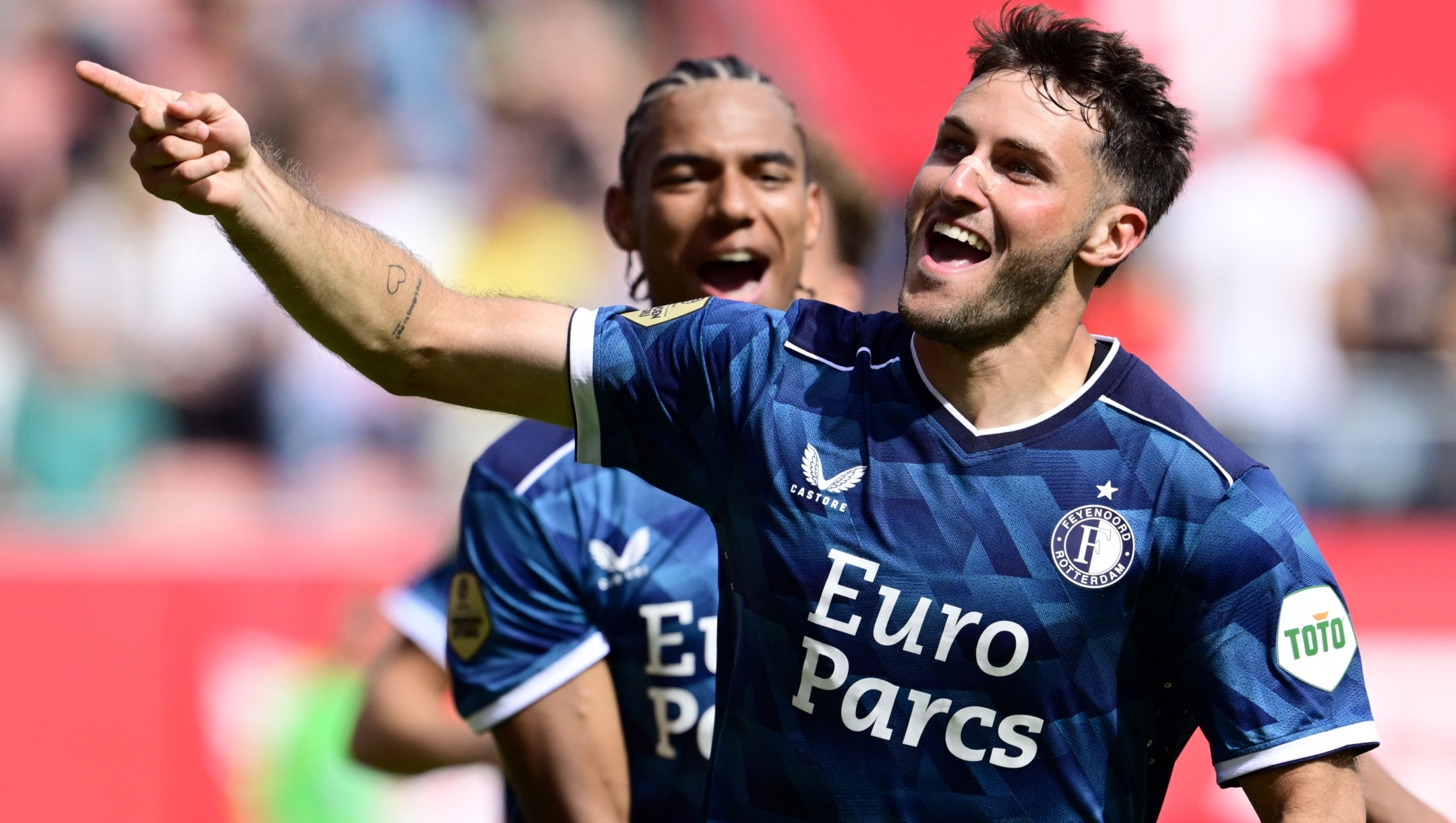 Feyenoord's Argentine forward Santiago Gimenez celebrates scoring his team's third goal during the Dutch Eredivisie football match between FC Utrecht and Feyenoord at The Galgenwaard Stadium in Utrecht on September 3, 2023. (Photo by Olaf Kraak / ANP / AFP) / Netherlands OUT