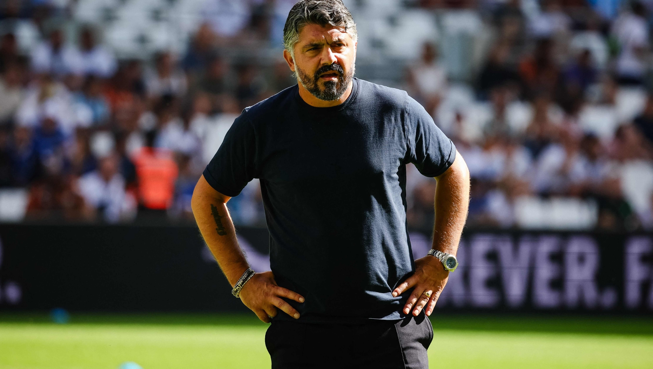 Marseillle's Italian head coach Gennaro Gattuso looks on ahead of the French L1 football match between Olympique Marseille (OM) and Le Havre AC at Stade Velodrome in Marseille, southern France on October 8, 2023. (Photo by CLEMENT MAHOUDEAU / AFP)