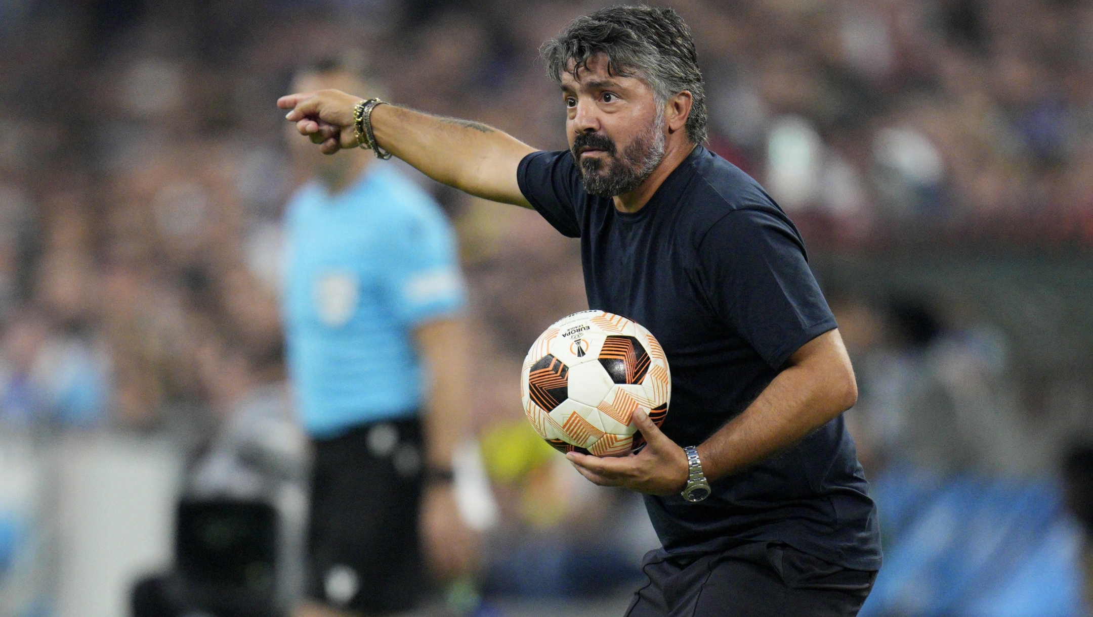 Marseille's head coach Rino Gattuso gestures during the Europa League Group B soccer match between Olympique de Marseille and Brighton at the Orange Stadium, in Marseille, Italy, Thursday, Oct. 5, 2023. (AP Photo/Daniel Cole)