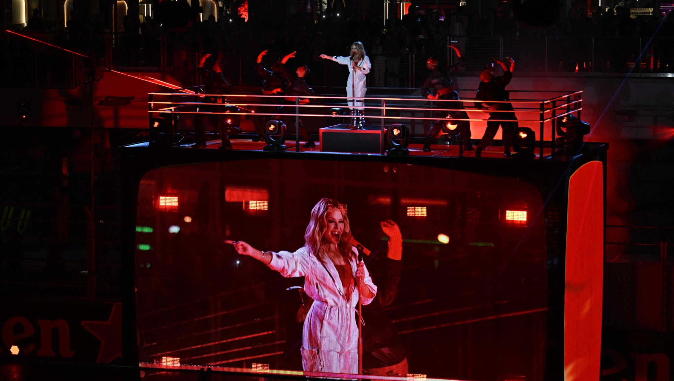 Australian singer Kylie Minogue performs during the opening ceremony for the Las Vegas Grand Prix on November 15, 2023, in Las Vegas, Nevada. (Photo by Jim WATSON / AFP)
