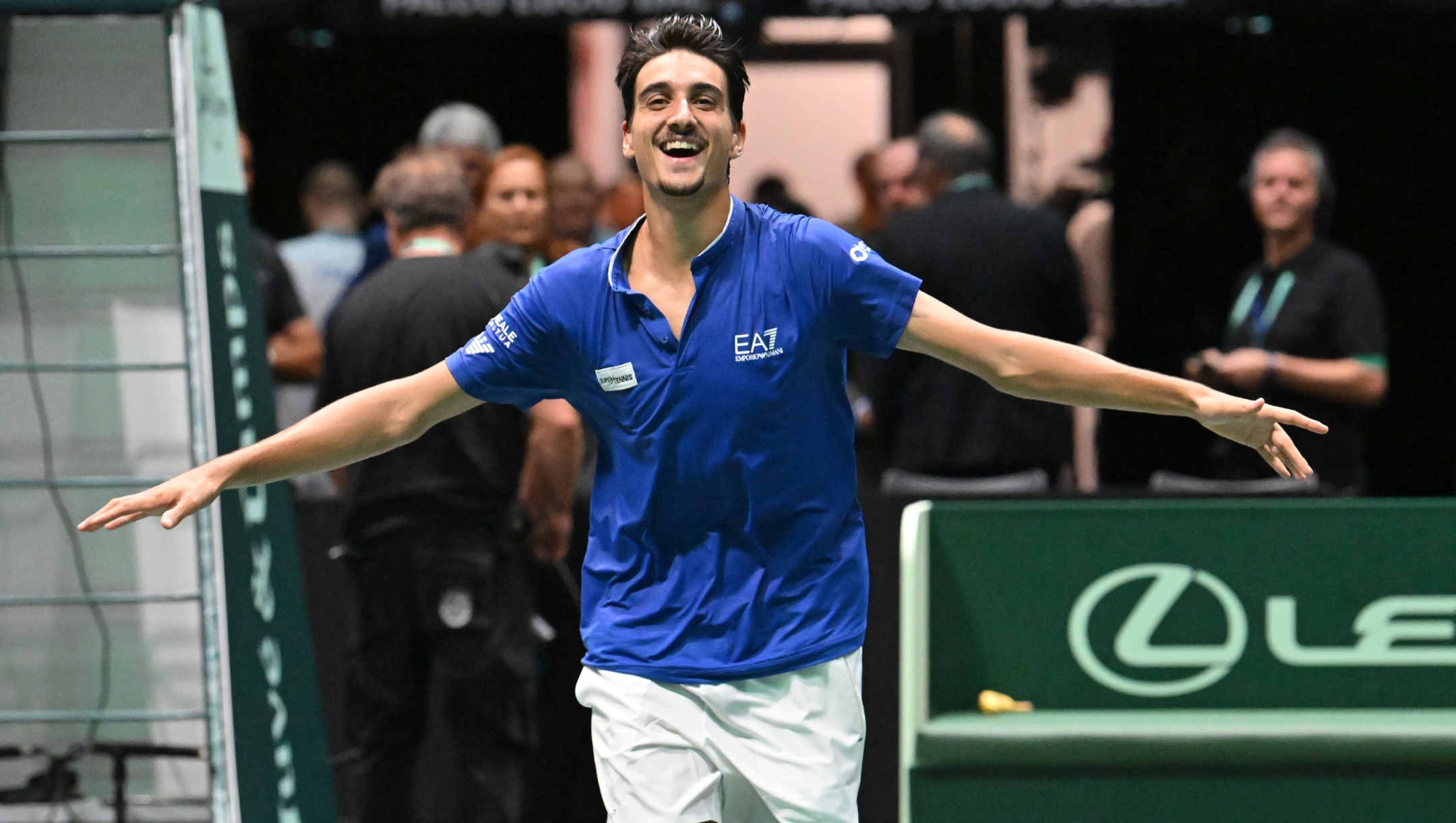 BOLOGNA, ITALY - SEPTEMBER 17: Lorenzo Sonego of Italy celebrates after match between Lorenzo Sonego of Italy and Elias Ymer of Sweden during 2023 Davis Cup Finals Group Stage Bologna - Day 6  at Unipol Arena on September 17, 2023 in Bologna, Italy. (Photo by Giuseppe Bellini/Getty Images for ITF)