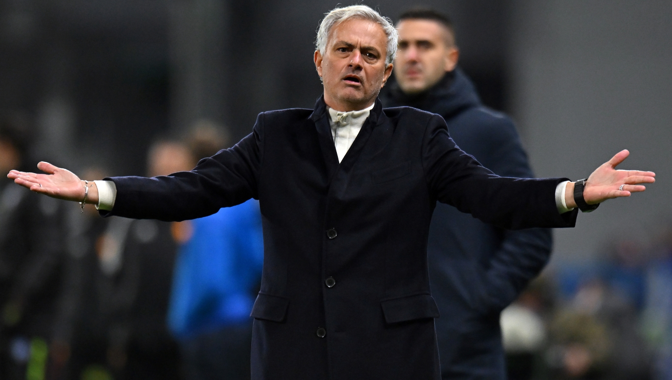 REGGIO NELL'EMILIA, ITALY - DECEMBER 03: Jose Mourinho, Head Coach of AS Roma, gestures during the Serie A TIM match between US Sassuolo and AS Roma at Mapei Stadium - Citta' del Tricolore on December 03, 2023 in Reggio nell'Emilia, Italy. (Photo by Alessandro Sabattini/Getty Images)