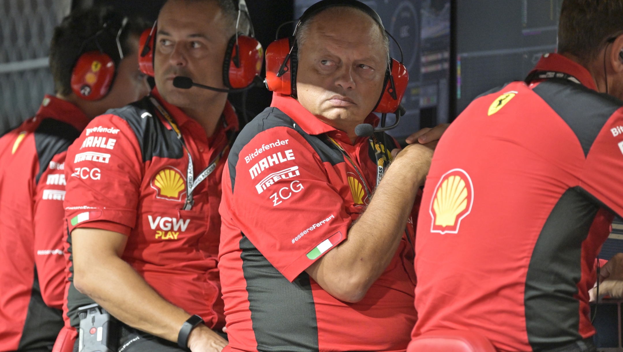 Ferrari team principal Frederic Vasseur, second from right, looks during the qualifying session of the Singapore Formula One Grand Prix at the Marina Bay circuit, Singapore, Saturday, Sept. 16, 2023. (Caroline Chia/Pool Photo via AP)