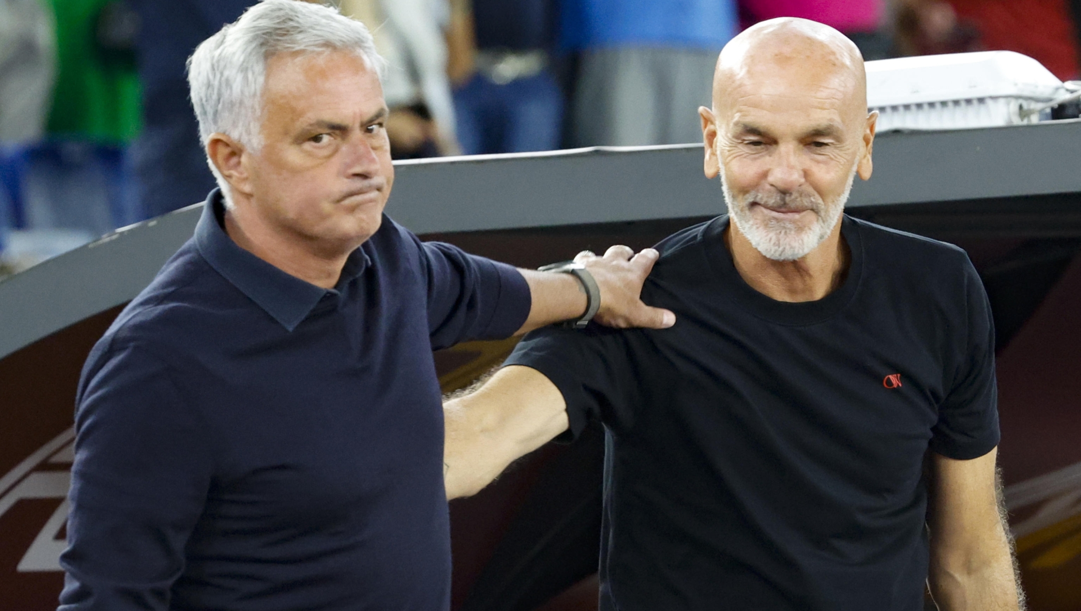 AS Roma's head coach Jose Mourinho (L) and AC Milan's head coach Stefano Pioli during the Italian Serie A soccer match between AS Roma and AC Milan at the Olimpico stadium in Rome, Italy, 01 September 2023. ANSA/FABIO FRUSTACI