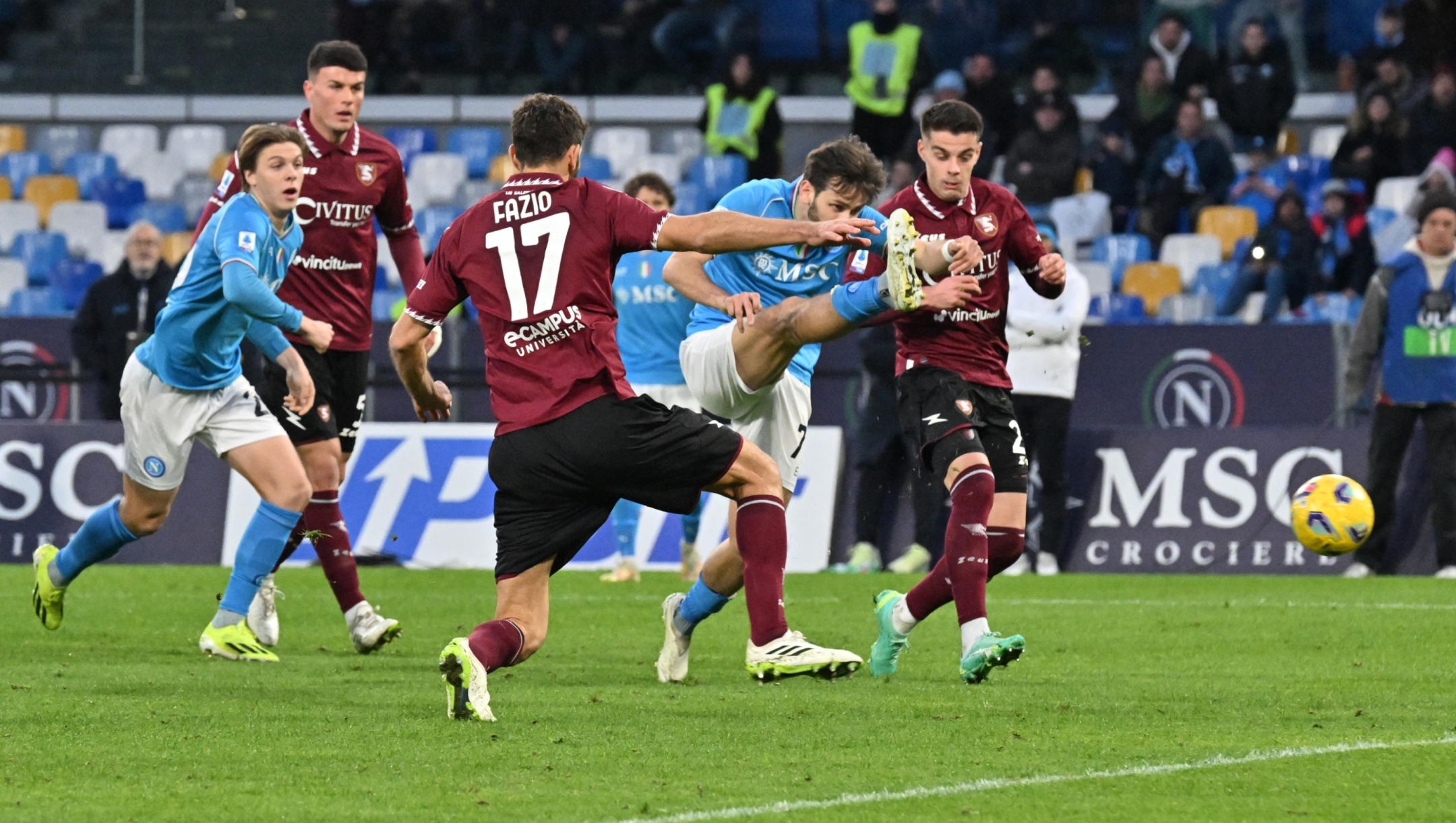 Napoli?s foreward Khvicha Kvaratskhelia   in action during the Italian Serie A soccer match SSC Napoli and  US Salernitana  at ' Diego Armando Maradona' stadium in Naples, Italy , 13 january  2024 ANSA / CIRO FUSCO