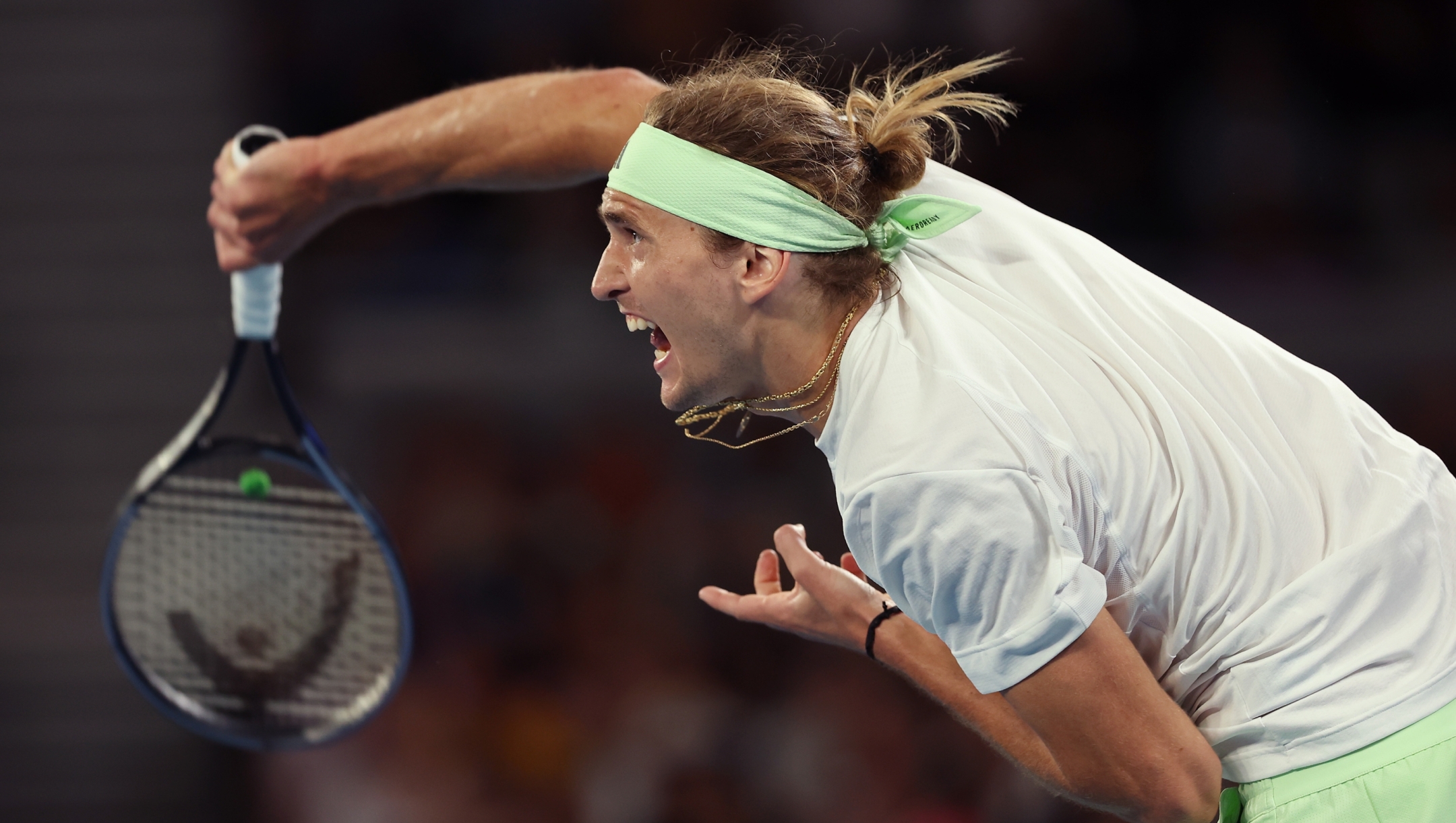 MELBOURNE, AUSTRALIA - JANUARY 18: Alexander Zverev of Germany serves in their round two singles match against Lukas Klein of Slovakia during the 2024 Australian Open at Melbourne Park on January 18, 2024 in Melbourne, Australia. (Photo by Phil Walter/Getty Images)