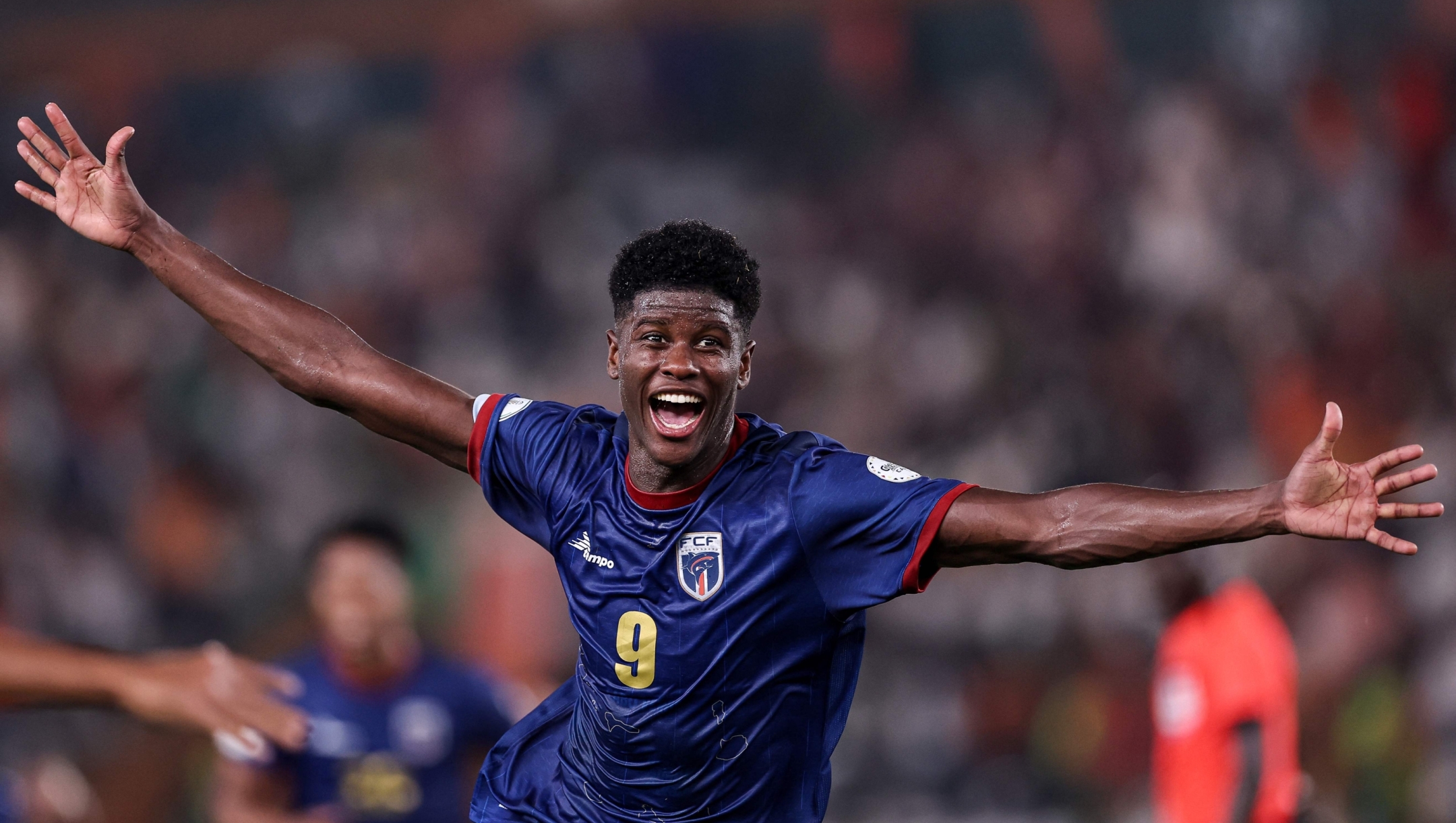 TOPSHOT - Cape Verde's forward #9 Benchimol celebrates scoring his team's first goal during the Africa Cup of Nations (CAN) 2024 group B football match between Cape Verde and Egypt at the Felix Houphouet-Boigny Stadium in Abidjan on January 22, 2024. (Photo by FRANCK FIFE / AFP)