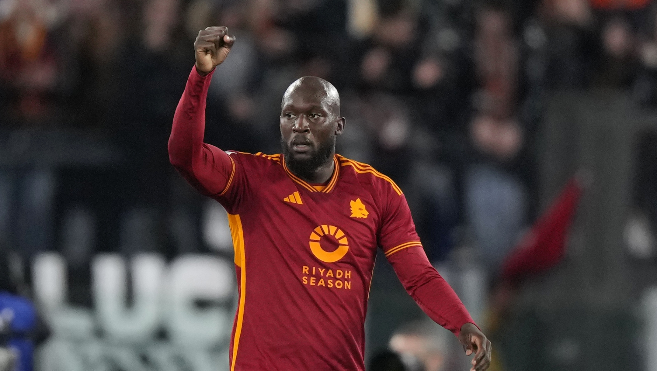 Roma's Romelu Lukaku celebrates after scoring his side's opening goal during the Series A soccer match between Roma and Hellas Verona at the Rome Olympic stadium, Saturday, Jan. 20, 2024. (AP Photo/Andrew Medichini)