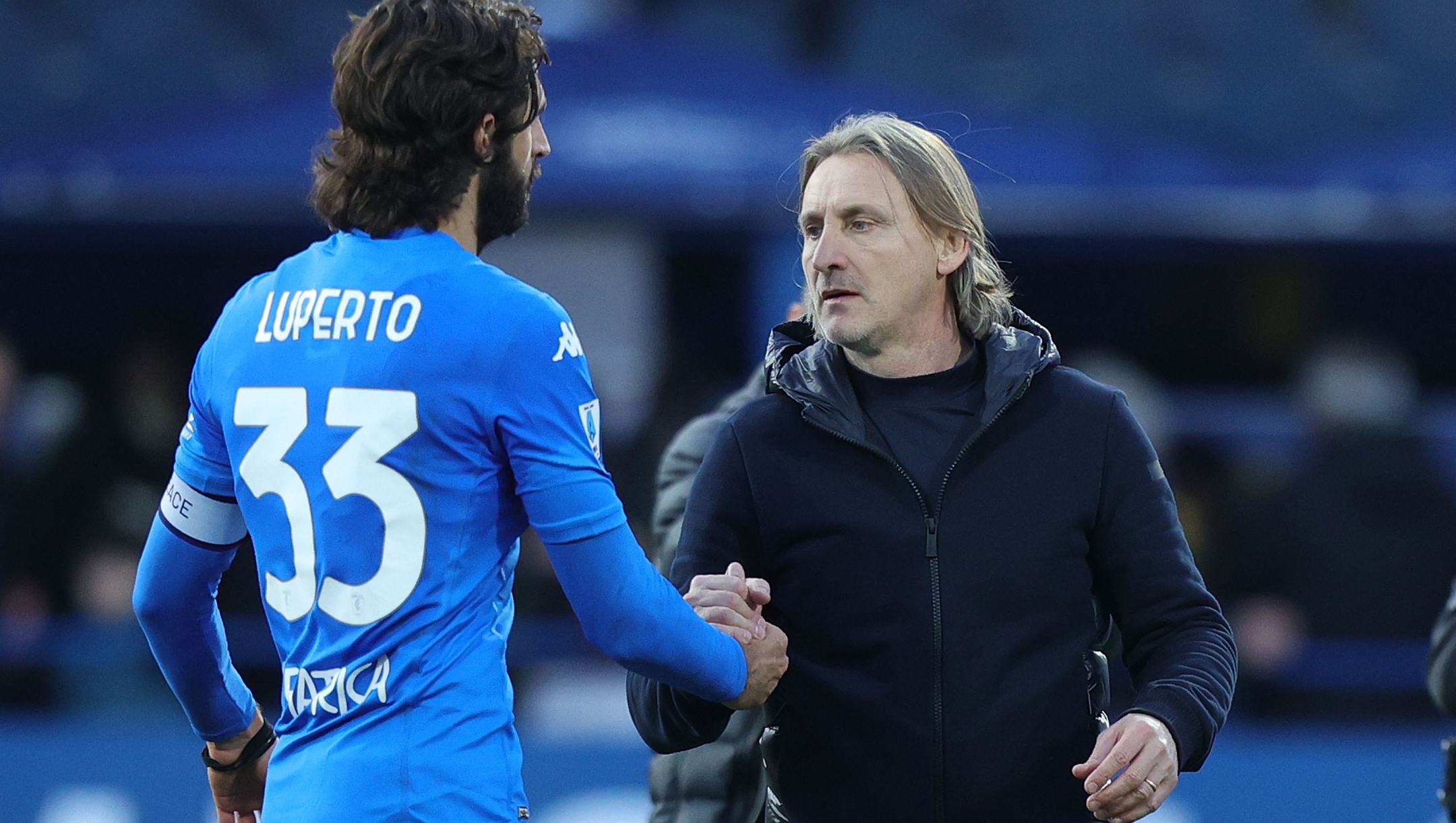 EMPOLI, ITALY - JANUARY 21: Davide Nicola heand coach of Empoli FC and Sebastiano Luperto of Empoli FC during the Serie A TIM match between Empoli FC and AC Monza - Serie A TIM  at Stadio Carlo Castellani on January 21, 2024 in Empoli, Italy. (Photo by Gabriele Maltinti/Getty Images)