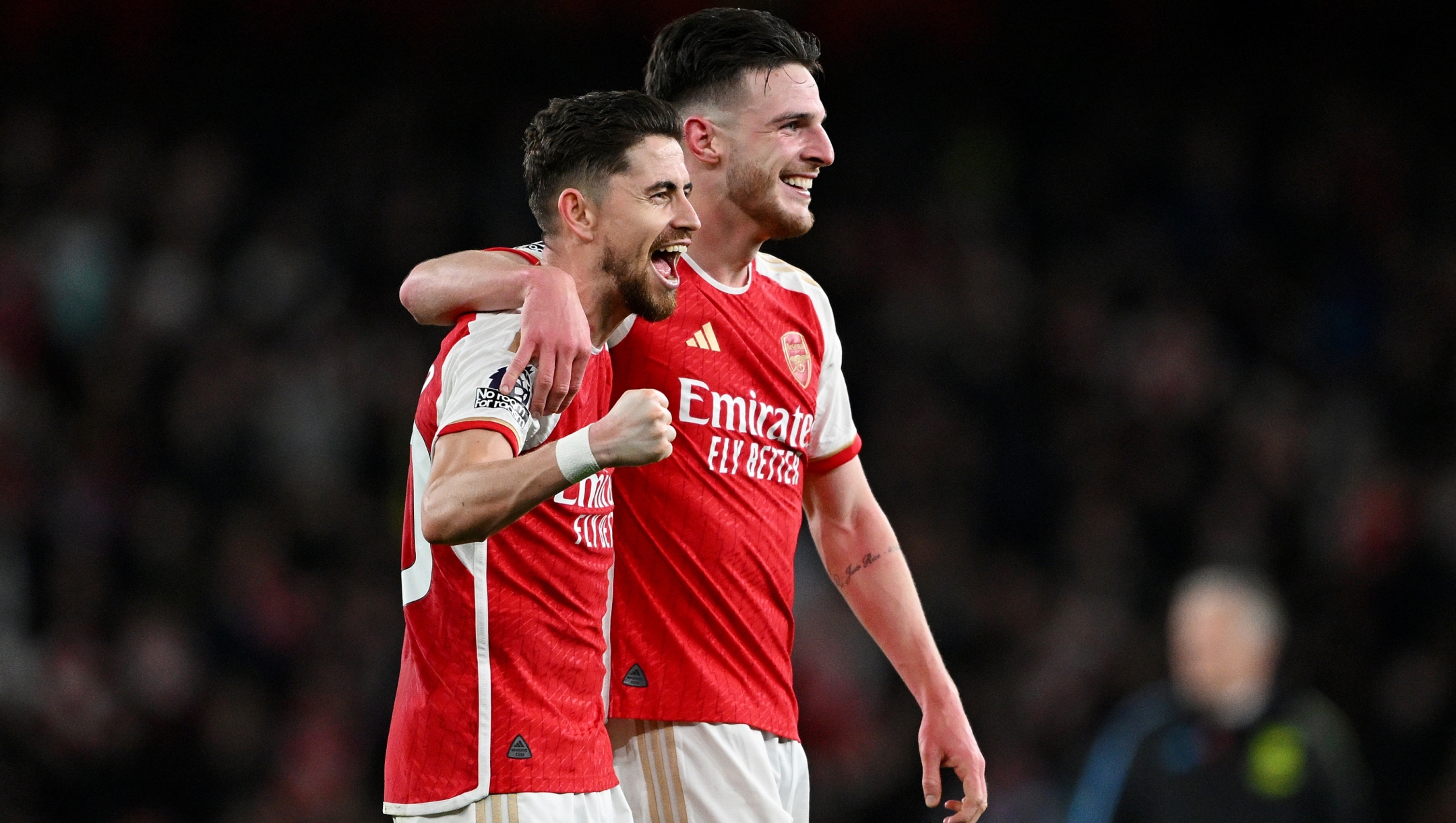 LONDON, ENGLAND - FEBRUARY 04: Jorginho and Declan Rice of Arsenal celebrate after the team's victory in the Premier League match between Arsenal FC and Liverpool FC at Emirates Stadium on February 04, 2024 in London, England. (Photo by Shaun Botterill/Getty Images)