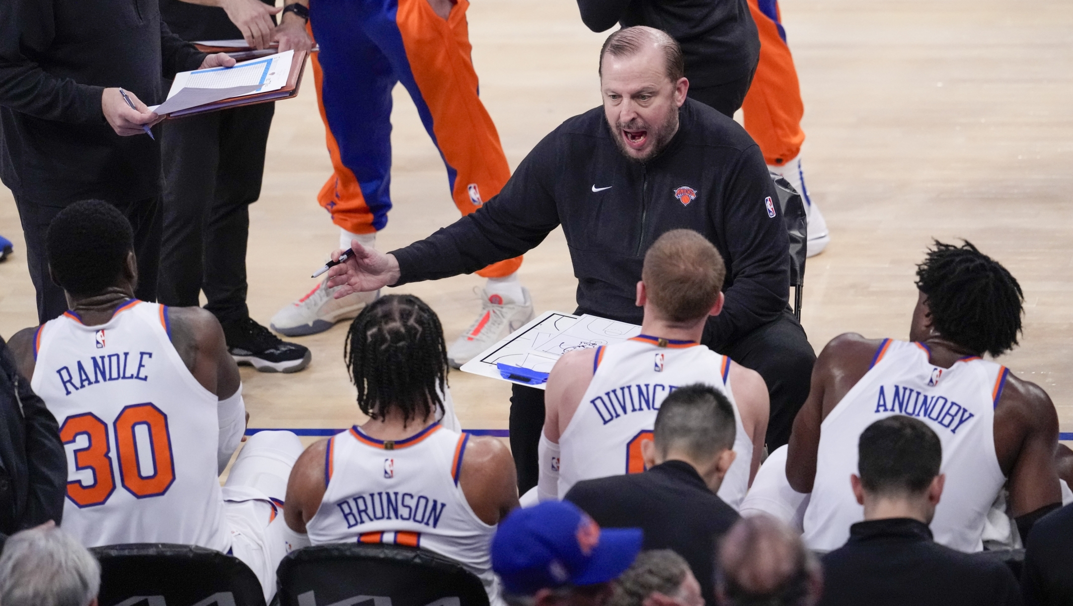 New York Knicks head coach Tom Thibodeau gives his team instructions during a time out in the first half of an NBA basketball game against the Houston Rockets, Wednesday, Jan. 17, 2024, at Madison Square Garden in New York. (AP Photo/Mary Altaffer)