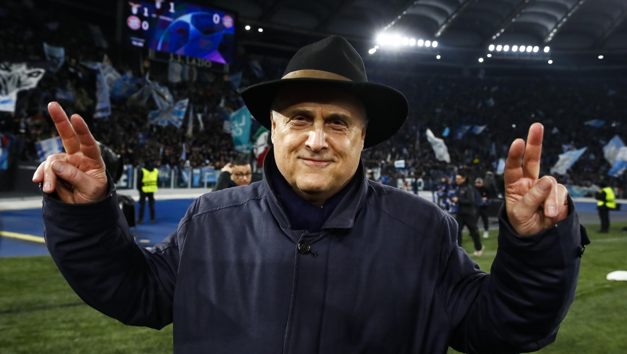 Lazio's president Claudio Lotito celebrates the victory at the end of the UEFA Champions League round of 16 first leg soccer match SS Lazio vs FC Bayern Munich at Olimpico stadium in Rome, Italy, 14 February 2024. ANSA/ANGELO CARCONI