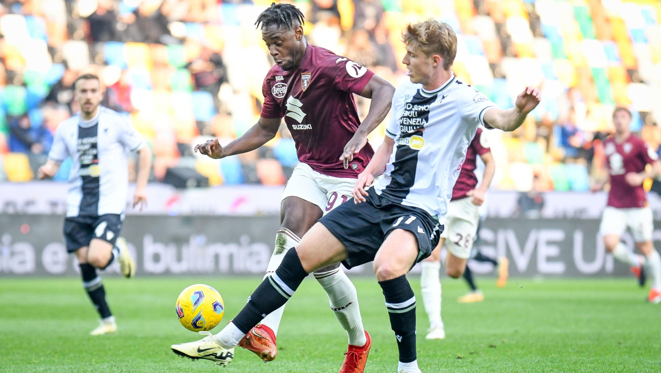 Torino's Duván Zapata in action against Udinese's Thomas Kristensen during the italian soccer Serie A match between Udinese Calcio vs Torino FC at the Bluenergy stadium in Udine, Italy, 16 March 2024 ANSA/Ettore Griffoni
