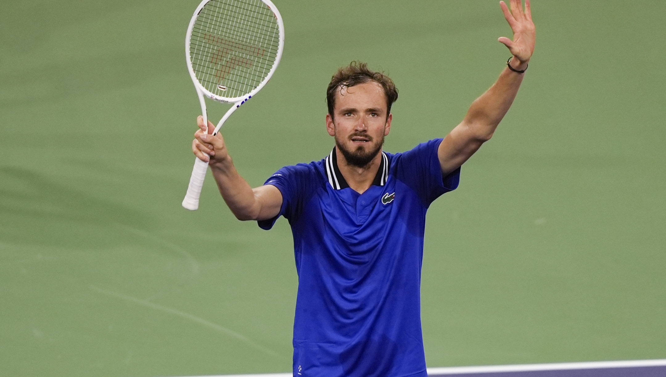 Daniil Medvedev, of Russia, celebrates after defeating Tommy Paul, of the United States, during a semifinal match at the BNP Paribas Open tennis tournament in Indian Wells, Calif., Saturday, March 16, 2024, in Indian Wells, Calif. (AP Photo/Ryan Sun)