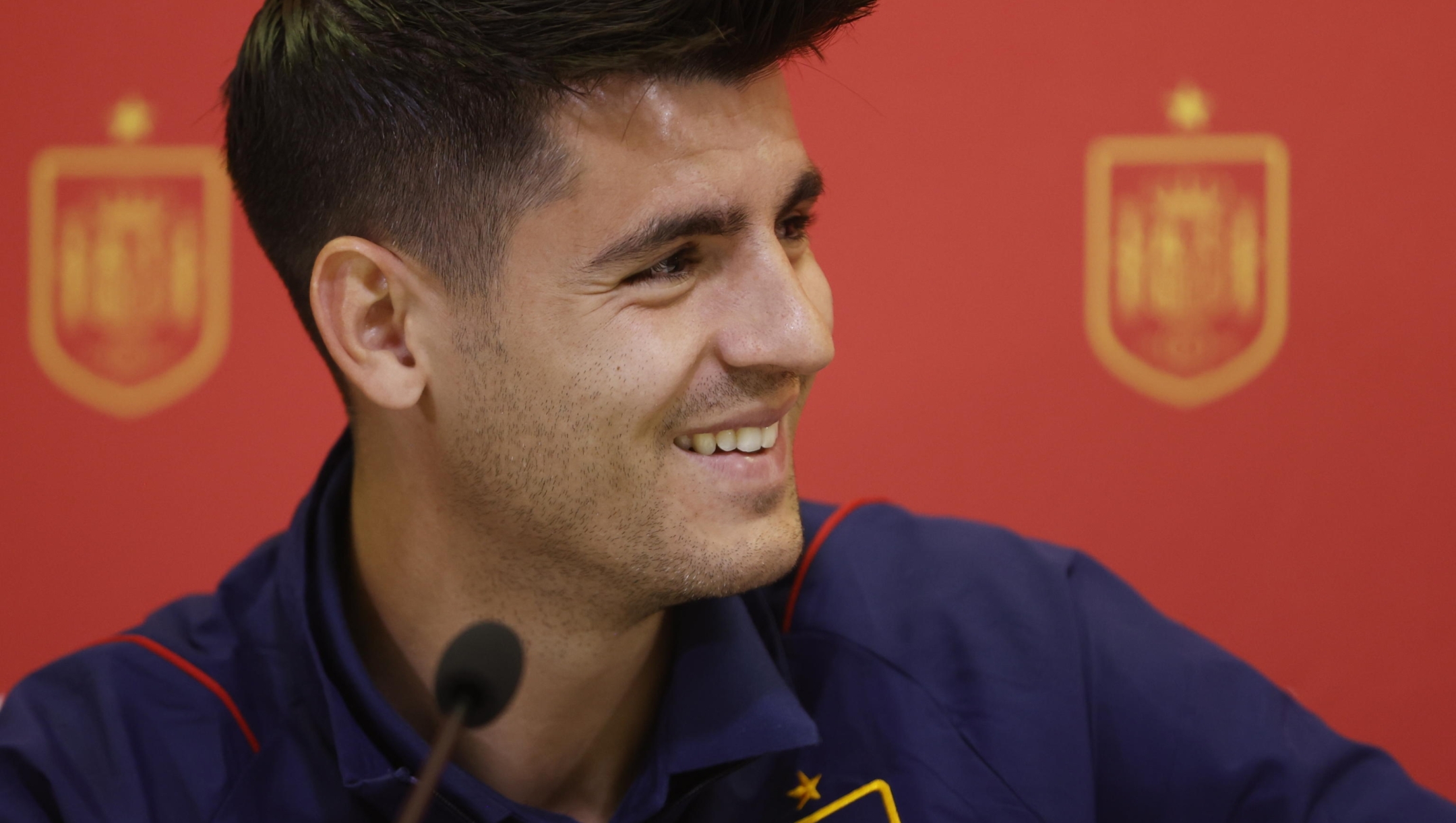 epa10534955 Alvaro Morata, forward of Spain's national soccer team, addresses a press conference in Madrid, Spain, 21 March 2023. Spain will be facing Norway and Scotland in the qualifying matches for the UEFA Euro 2024 on 25 and 28 March respectively.  EPA/MARISCAL