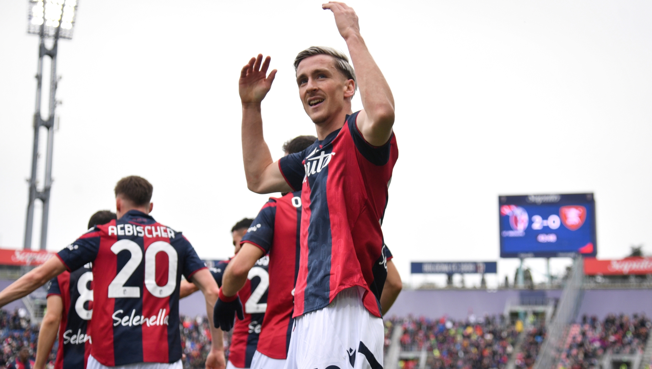 Bologna's Alexis Saelemaekers celebrates after scoring the 2-0 goal for his team during the Serie a Tim match between Bologna and Salernitana - Serie A TIM at Renato Dall?Ara Stadium - Sport, Soccer - Bologna, Italy - Monday April 1, 2024 (Photo by Massimo Paolone/LaPresse)