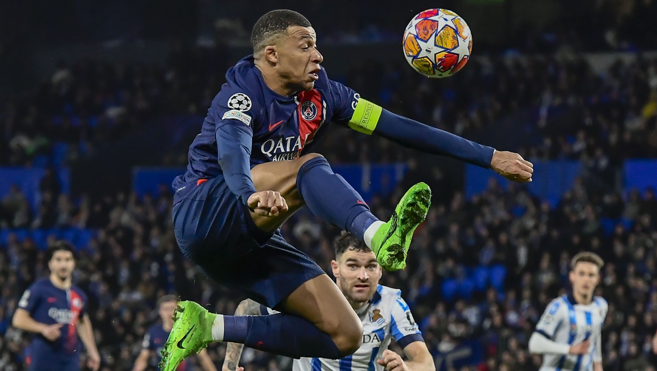 PSG's Kylian Mbappe kicks the ball during the Champions League round of 16 second leg soccer match between Real Sociedad and Paris Saint-Germain, at the Reala Arena stadium in San Sebastian, Spain, Tuesday, March 5, 2024. (AP Photo/Alvaro Barrientos)