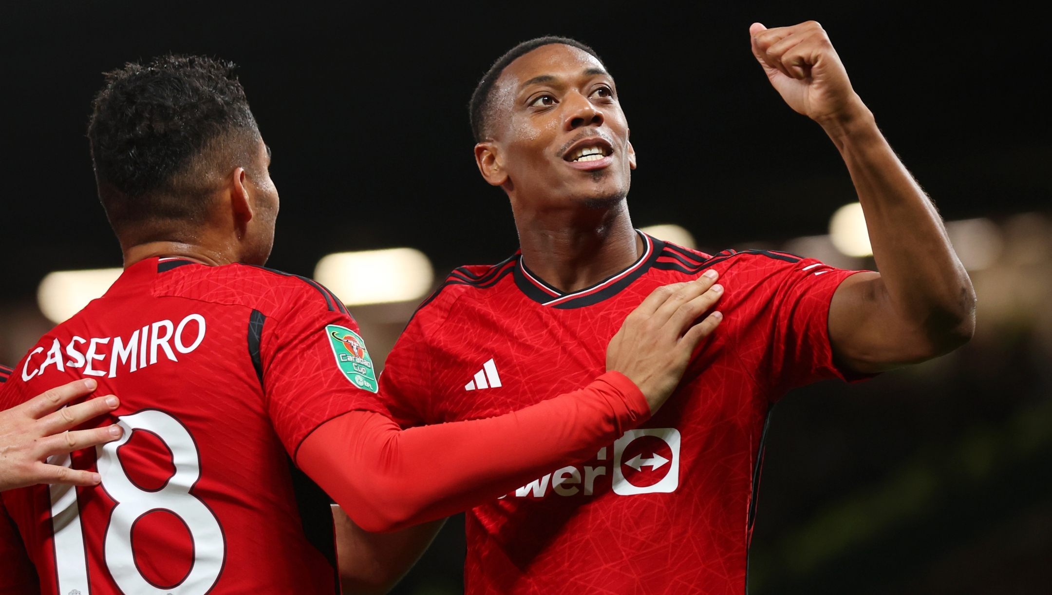 MANCHESTER, ENGLAND - SEPTEMBER 26: Anthony Martial of Manchester United celebrates with Casemiro after scoring their side's third gocelebrates victory during the Carabao Cup Third Round match between Manchester United and Crystal Palace at Old Trafford on September 26, 2023 in Manchester, England. (Photo by Lewis Storey/Getty Images)