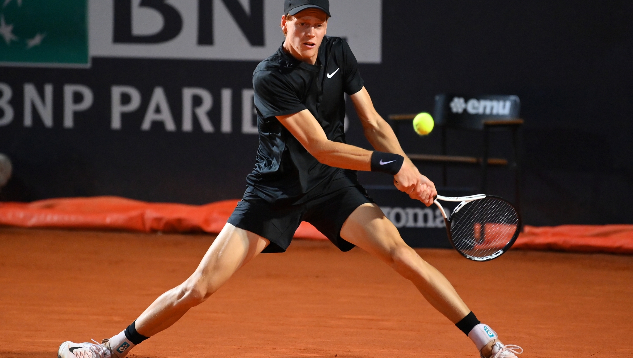 ROME, ITALY - MAY 14: Jannik Sinner of Italy plays a backhand against Alexander Shevchenko during the Men's Singles Third Round match during Day Seven of the Internazionali BNL D'Italia 2023 at Foro Italico on May 14, 2023 in Rome, Italy. (Photo by Justin Setterfield/Getty Images)