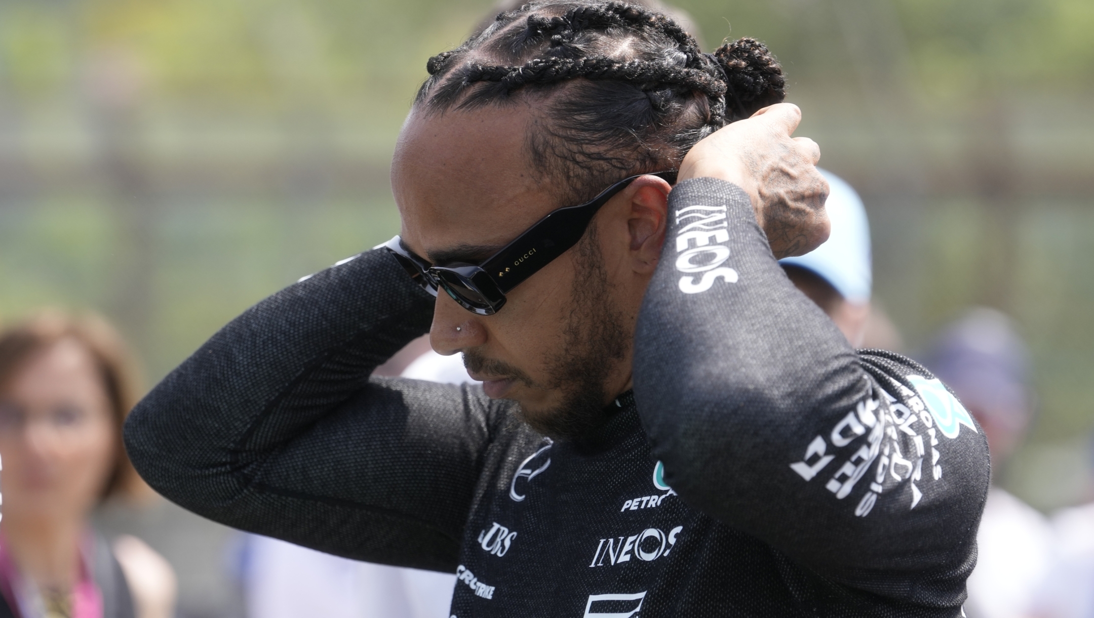 Mercedes driver Lewis Hamilton of Britain is on the starting grid before the Italy's Emilia Romagna Formula One Grand Prix race at the Dino and Enzo Ferrari racetrack in Imola, Italy, Sunday, May 19, 2024. (AP Photo/Luca Bruno, Pool)