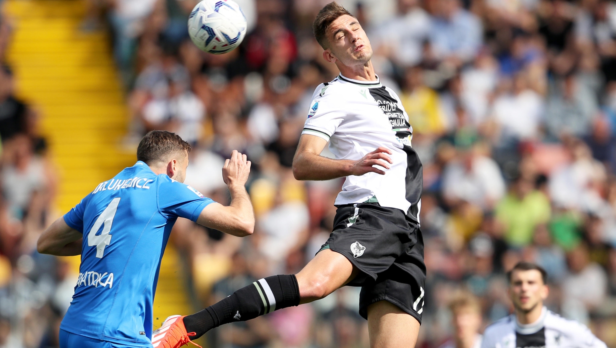 Udinese's Lorenzo Lucca (R) and Empoli's Sebastian Walukiewicz in action during the Italian Serie A soccer match Udinese Calcio vs Empoli FC at the Friuli - Dacia Arena stadium in Udine, Italy, 19 May 2024. ANSA / GABRIELE MENIS
