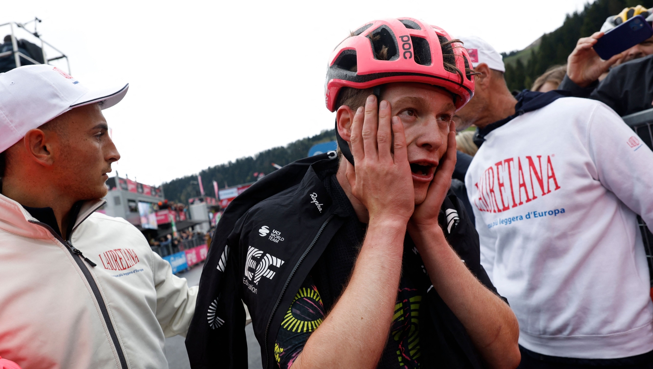Team EF Education's German rider Georg Steinhauser reacts after winning the 17th stage of the 107th Giro d'Italia cycling race, 159km between Selva di Val Gardena and Passo del Brocon on May 22, 2024. (Photo by Ilario Biondi / POOL / AFP)