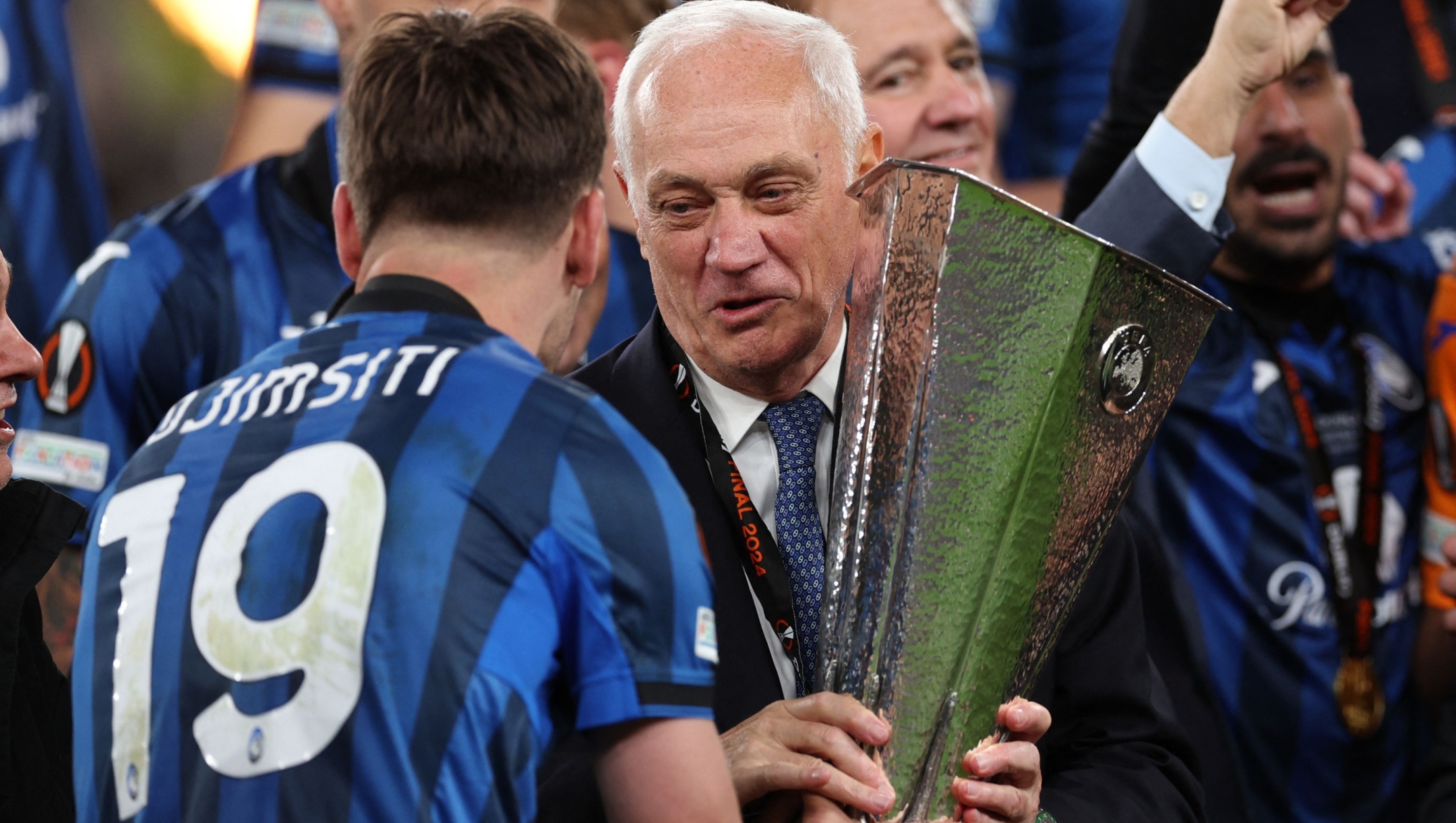 Atalanta's President Antonio Percassi celebrates with the trophy after winning the UEFA Europa League final football match between Atalanta and Bayer Leverkusen at the Dublin Arena stadium, in Dublin, on May 22, 2024. (Photo by Adrian DENNIS / AFP)