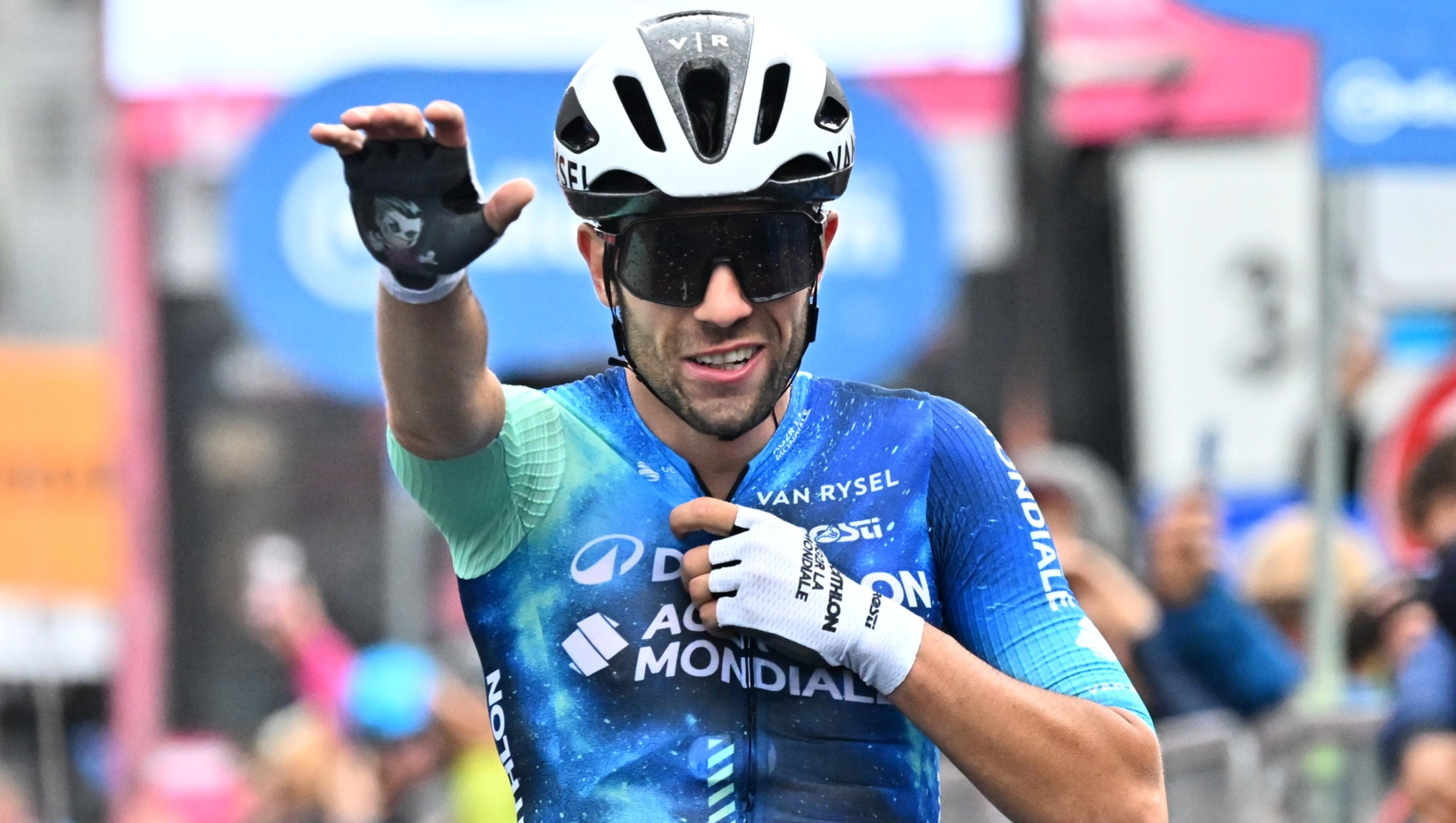 Italian rider Andrea Vendrame of Decathlon Ag2r La Mondiale Team celebrates after crossing the finish line and win the 19th stage of the 107 Giro d'Italia 2024, cycling race over 157 km from Mortegliano to Sappada, Italy, 24 May 2024. ANSA/LUCA ZENNARO