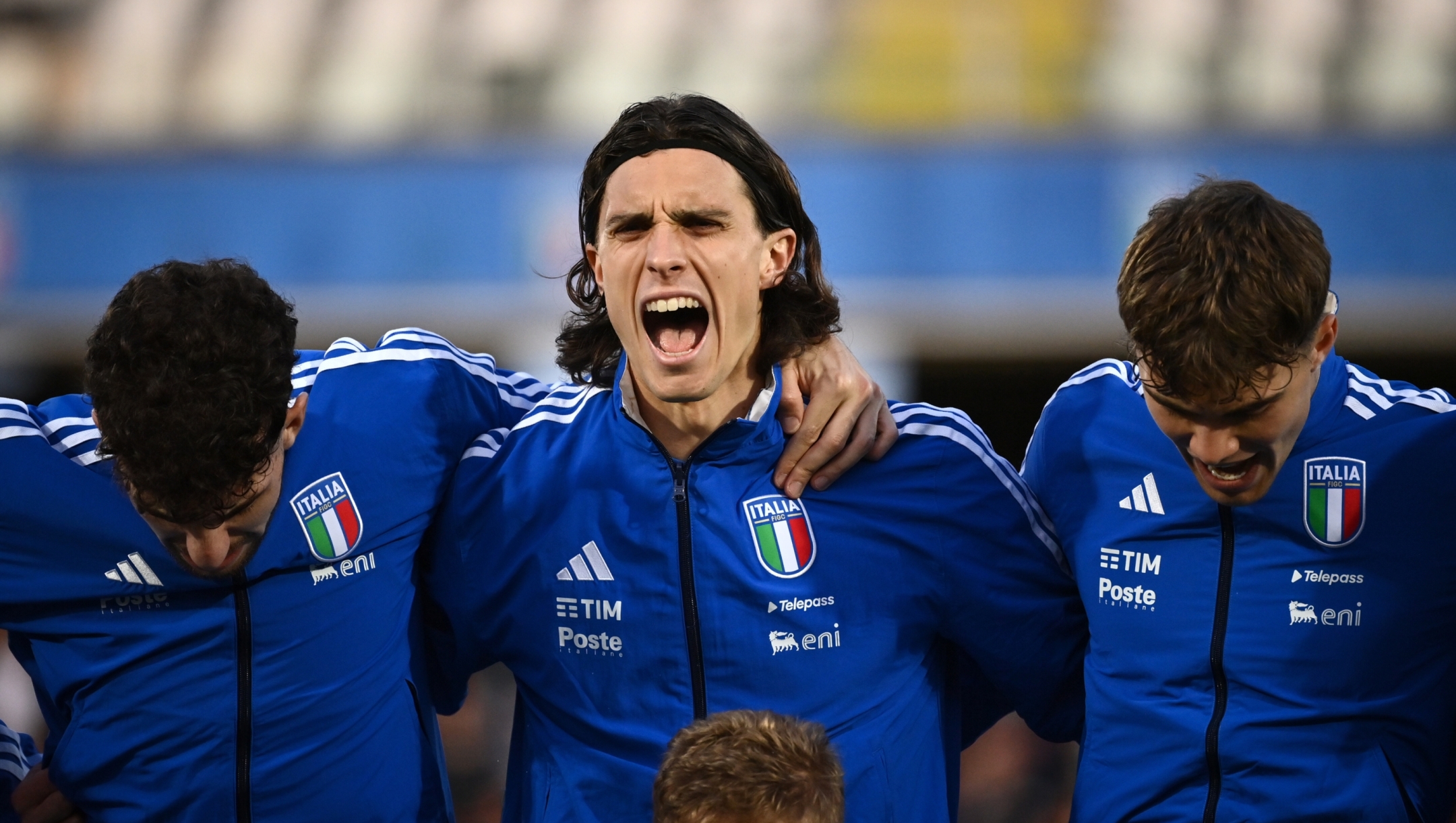 Italy's Riccardo Calafiori reacts during the national anthem during the European Under 21 Championship 2025 Qualifying round match between Italy and Latvia at Dino Manuzzi Stadium - Sport, Soccer - Cesena, Italy - Friday March 22, 2024 (Photo by Massimo Paolone/LaPresse)