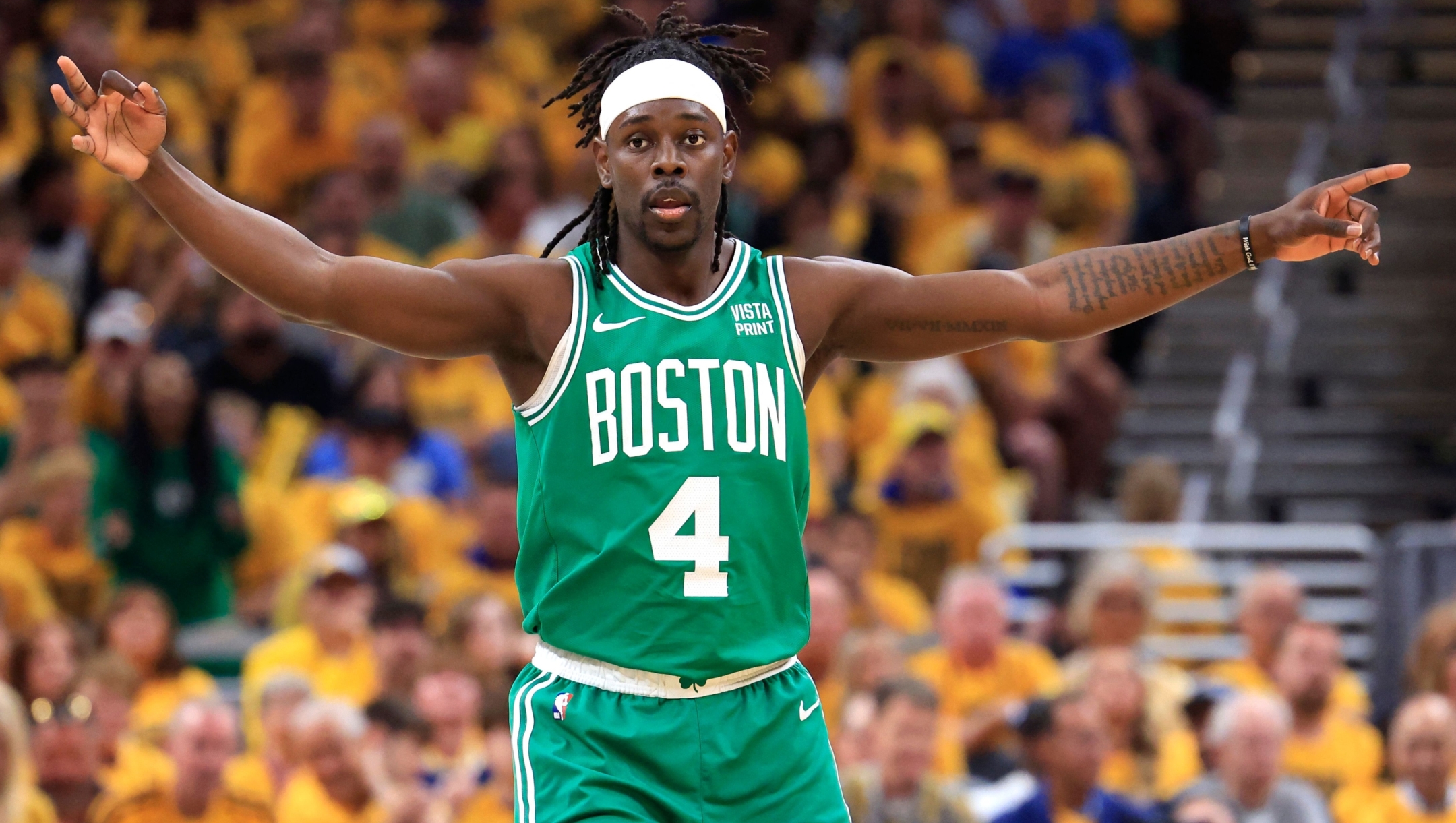 INDIANAPOLIS, INDIANA - MAY 27: Jrue Holiday #4 of the Boston Celtics reacts during the first quarter in Game Four of the Eastern Conference Finals at Gainbridge Fieldhouse on May 27, 2024 in Indianapolis, Indiana. NOTE TO USER: User expressly acknowledges and agrees that, by downloading and or using this photograph, User is consenting to the terms and conditions of the Getty Images License Agreement.   Justin Casterline/Getty Images/AFP (Photo by Justin Casterline / GETTY IMAGES NORTH AMERICA / Getty Images via AFP)