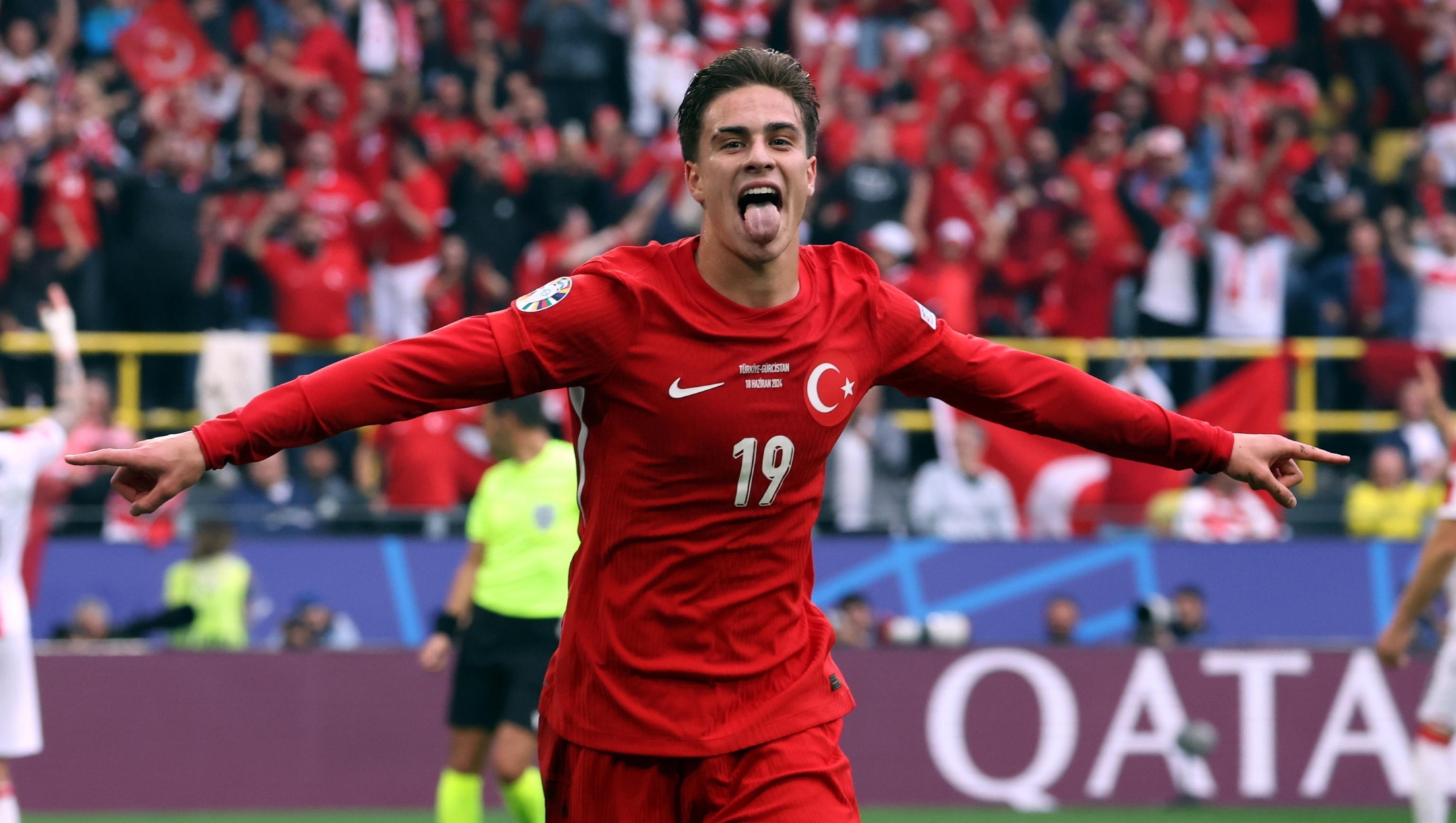 epa11420240 Kenan Yildiz of Turkey celebrates a goal which was later ruled offside during the UEFA EURO 2024 group F soccer match between Turkey and Georgia, in Dortmund, Germany, 18 June 2024.  EPA/GEORGI LICOVSKI