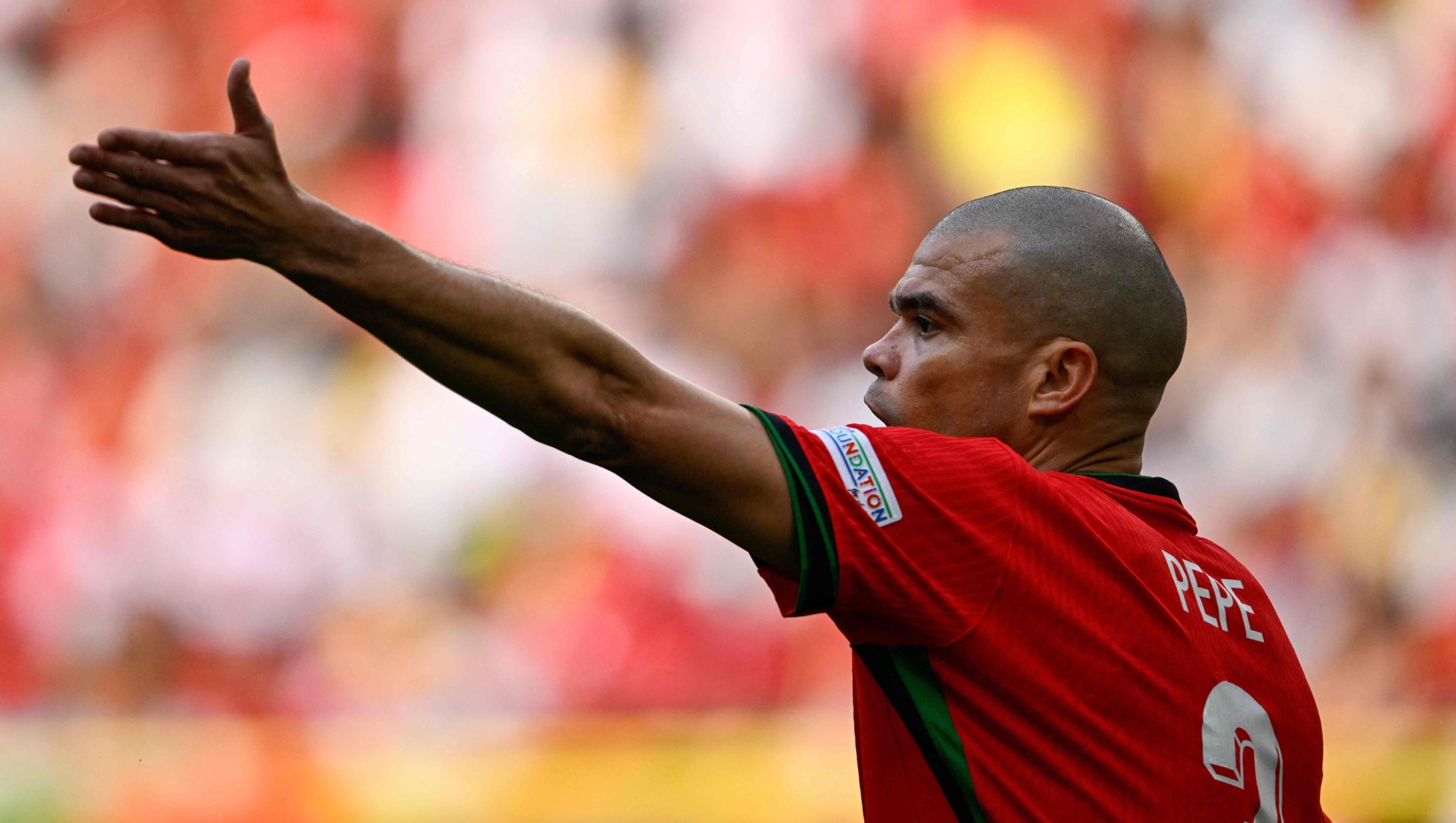 Portugal's defender #03 Pepe gestures during the UEFA Euro 2024 Group F football match between Turkey and Portugal at the BVB Stadion in Dortmund on June 22, 2024. (Photo by INA FASSBENDER / AFP)