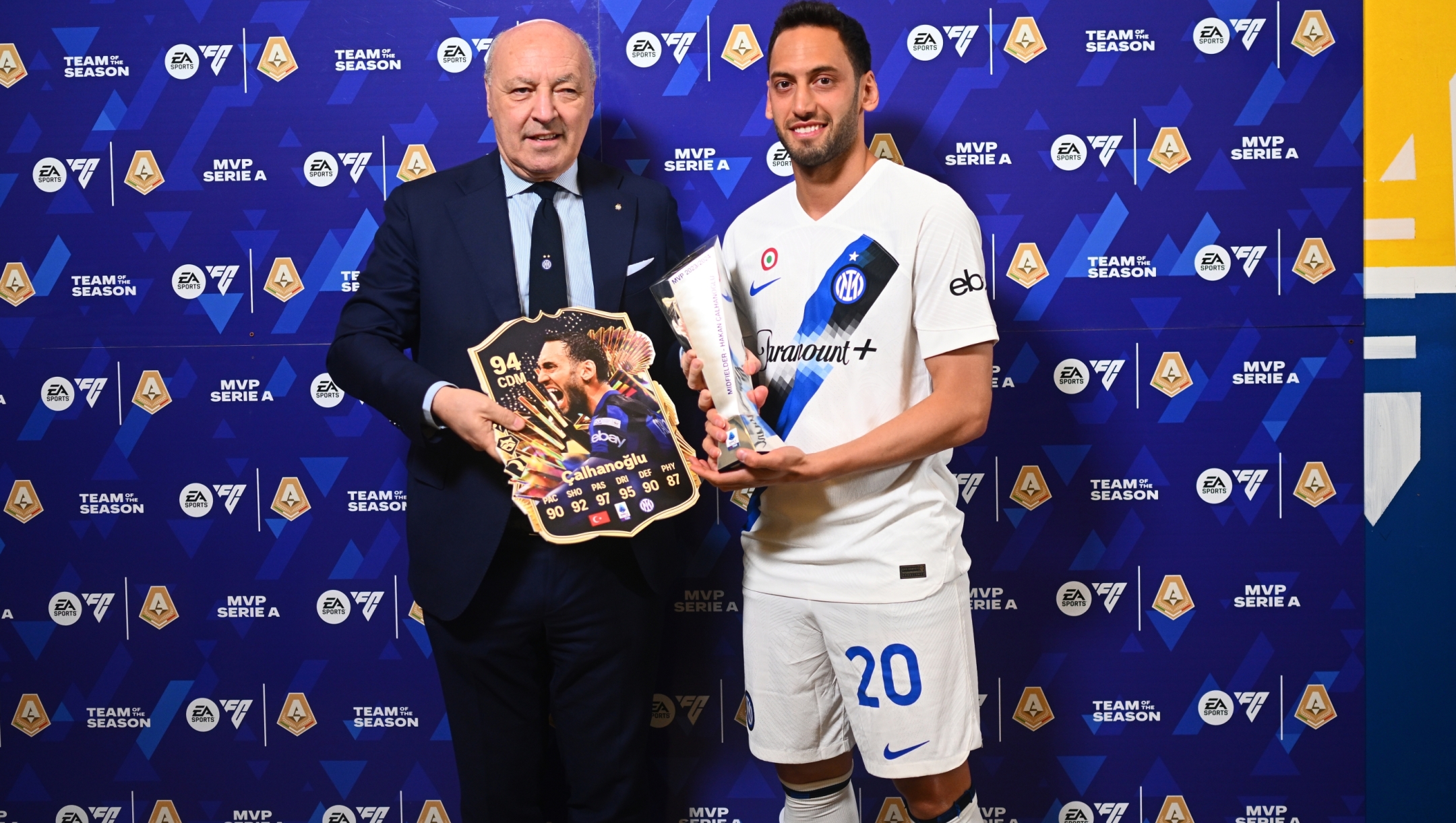 VERONA, ITALY - MAY 26:  Hakan Calhanoglu of FC Internazionale  and Sport CEO Giuseppe Marotta of FC Internazionale pose with the trophy for the victory of "Scudetto" before the Serie A TIM match between Hellas Verona FC and FC Internazionale at Stadio Marcantonio Bentegodi on May 26, 2024 in Verona, Italy. (Photo by Mattia Ozbot - Inter/Inter via Getty Images)