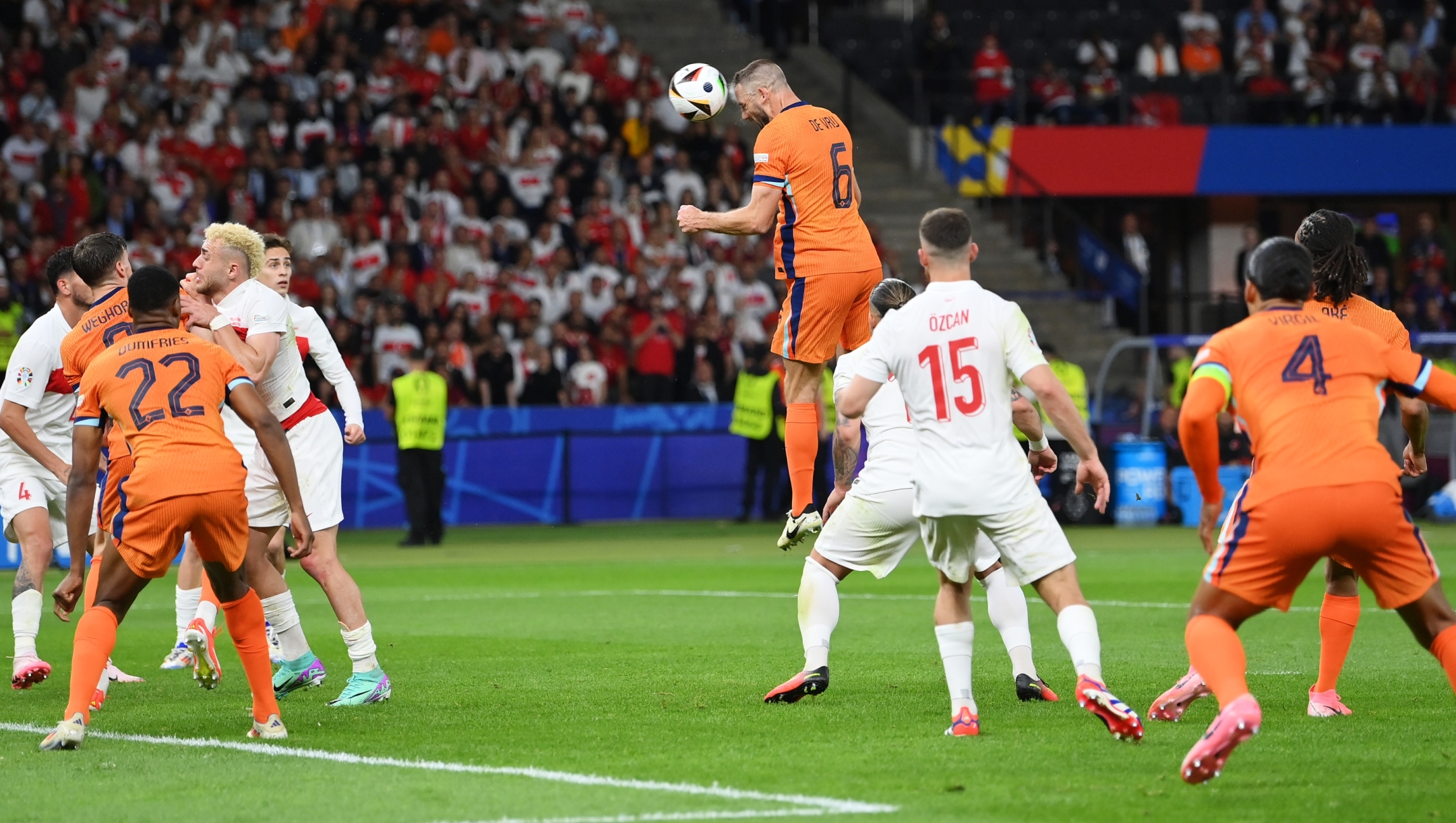 BERLIN, GERMANY - JULY 06: Stefan de Vrij of the Netherlands scores his team's first goal with a header during the UEFA EURO 2024 quarter-final match between Netherlands and Türkiye at Olympiastadion on July 06, 2024 in Berlin, Germany. (Photo by Justin Setterfield/Getty Images)