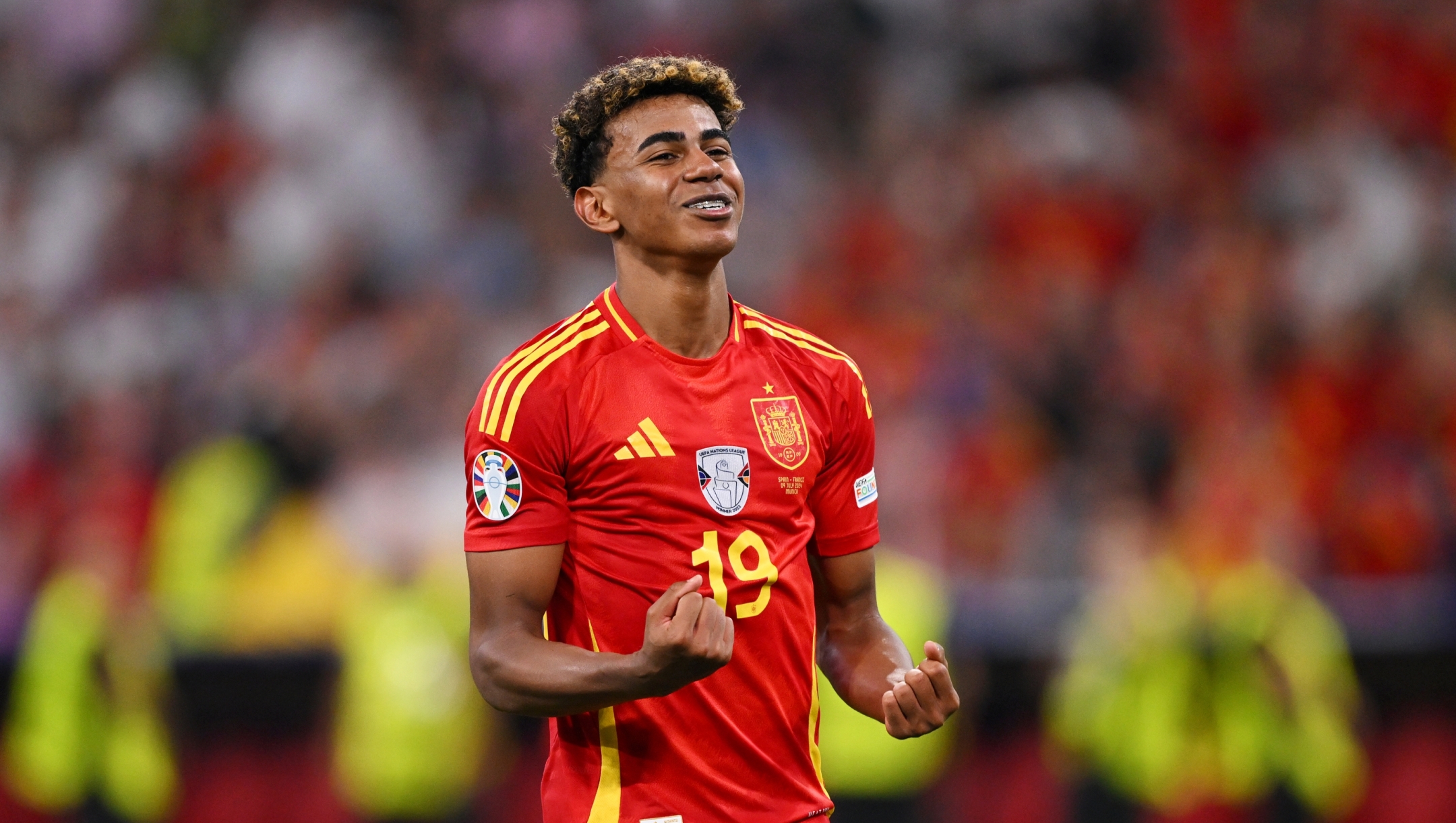 MUNICH, GERMANY - JULY 09: Lamine Yamal of Spain celebrates victory during the UEFA EURO 2024 Semi-Final match between Spain and France at Munich Football Arena on July 09, 2024 in Munich, Germany. (Photo by Stu Forster/Getty Images)