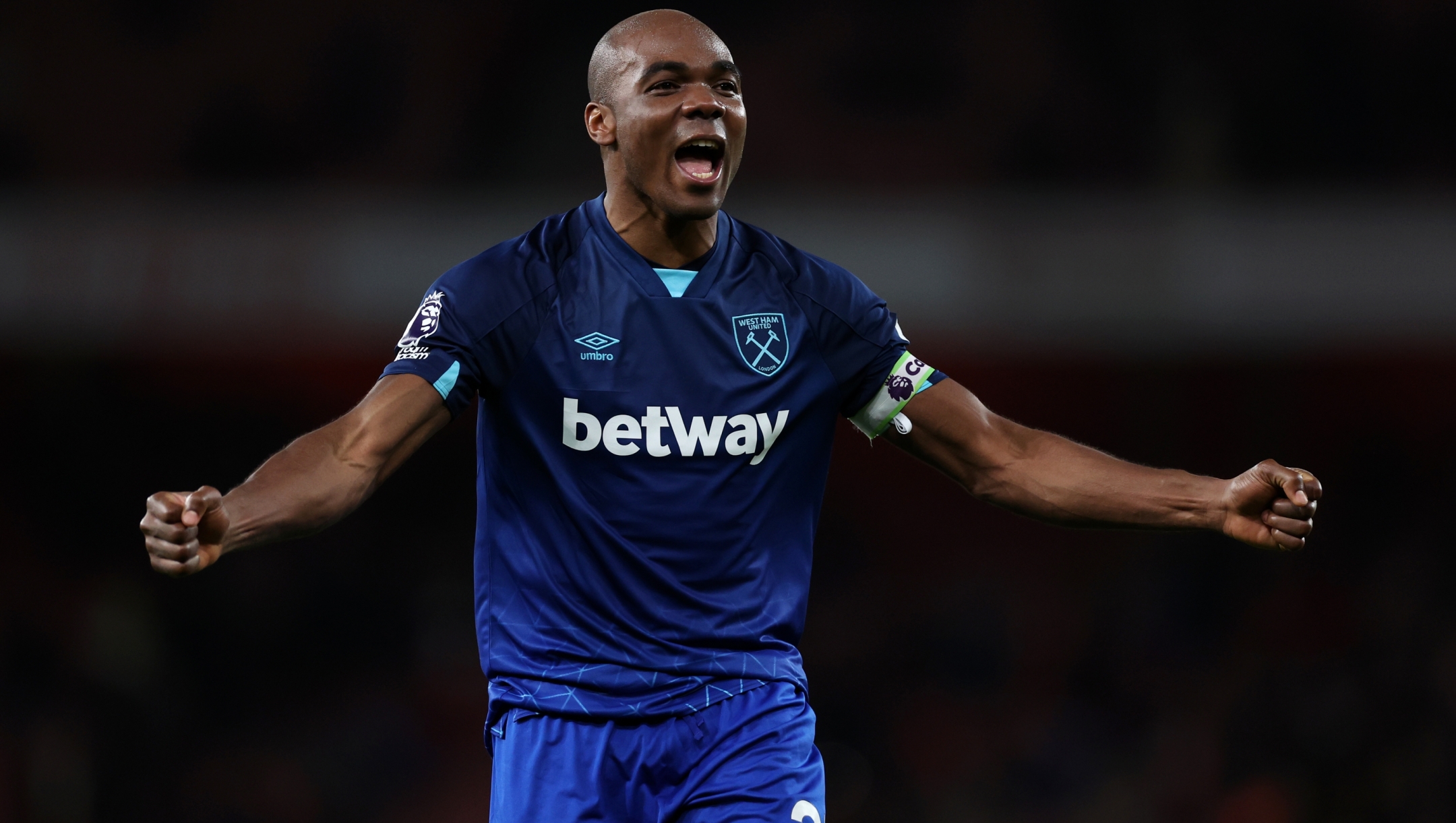 LONDON, ENGLAND - DECEMBER 28: Angelo Ogbonna of West Ham United celebrates in front of West Ham United fans after defeating Arsenal during the Premier League match between Arsenal FC and West Ham United at Emirates Stadium on December 28, 2023 in London, England. (Photo by Catherine Ivill/Getty Images)