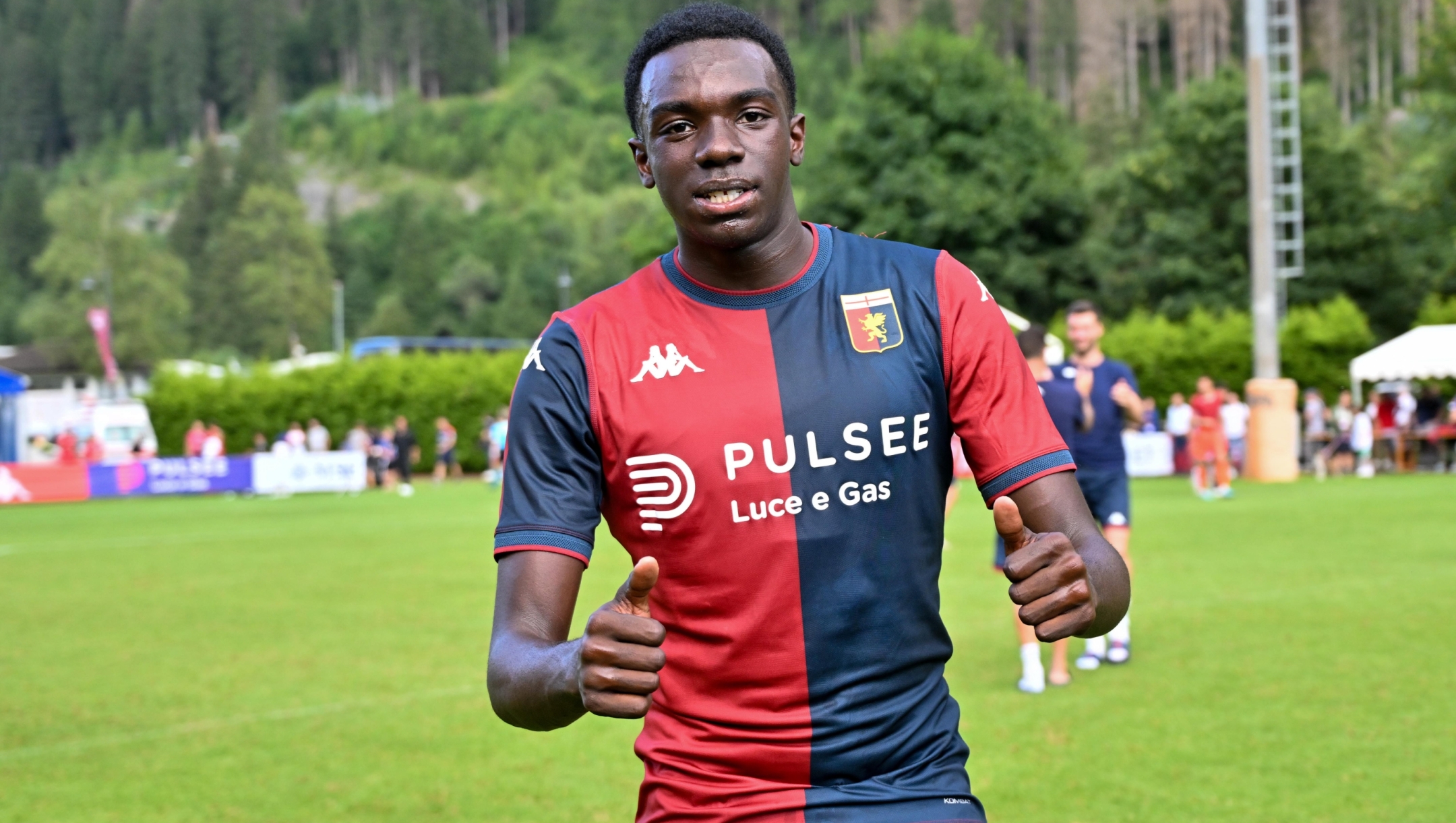 Genoa?s Jeff Ekhator at the end of the match during the friendly soccer match between Genoa and Venezia at the Campo Benatti in Moena, Italy - Friday, July 20, 2024. Sport - Soccer . (Photo by Tano Pecoraro/Lapresse)