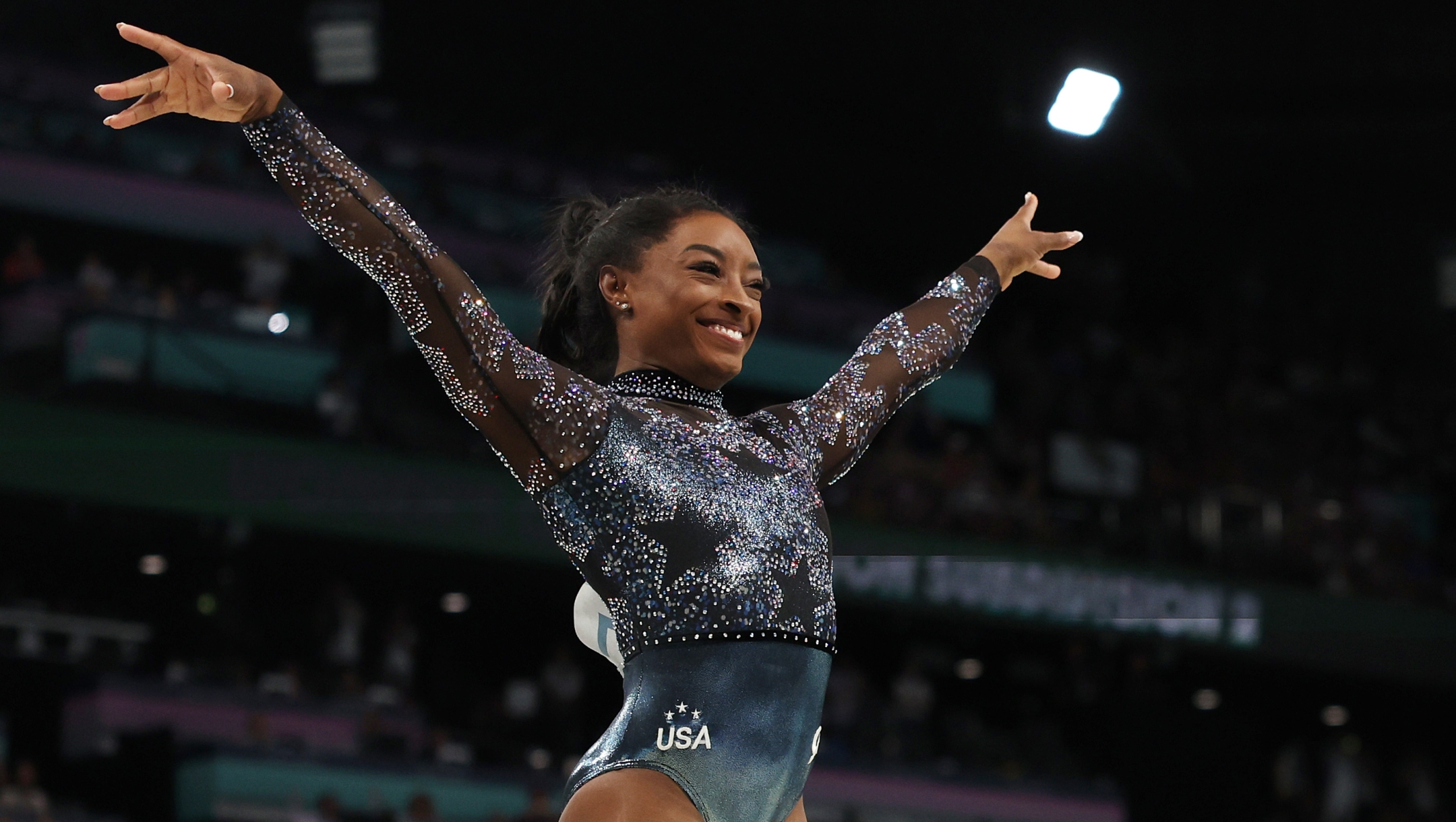 PARIS, FRANCE - JULY 28: Simone Biles of Team United States reacts after competing on the vault during the Artistic Gymnastics Women's Qualification on day two of the Olympic Games Paris 2024 at Bercy Arena on July 28, 2024 in Paris, France. (Photo by Jamie Squire/Getty Images)