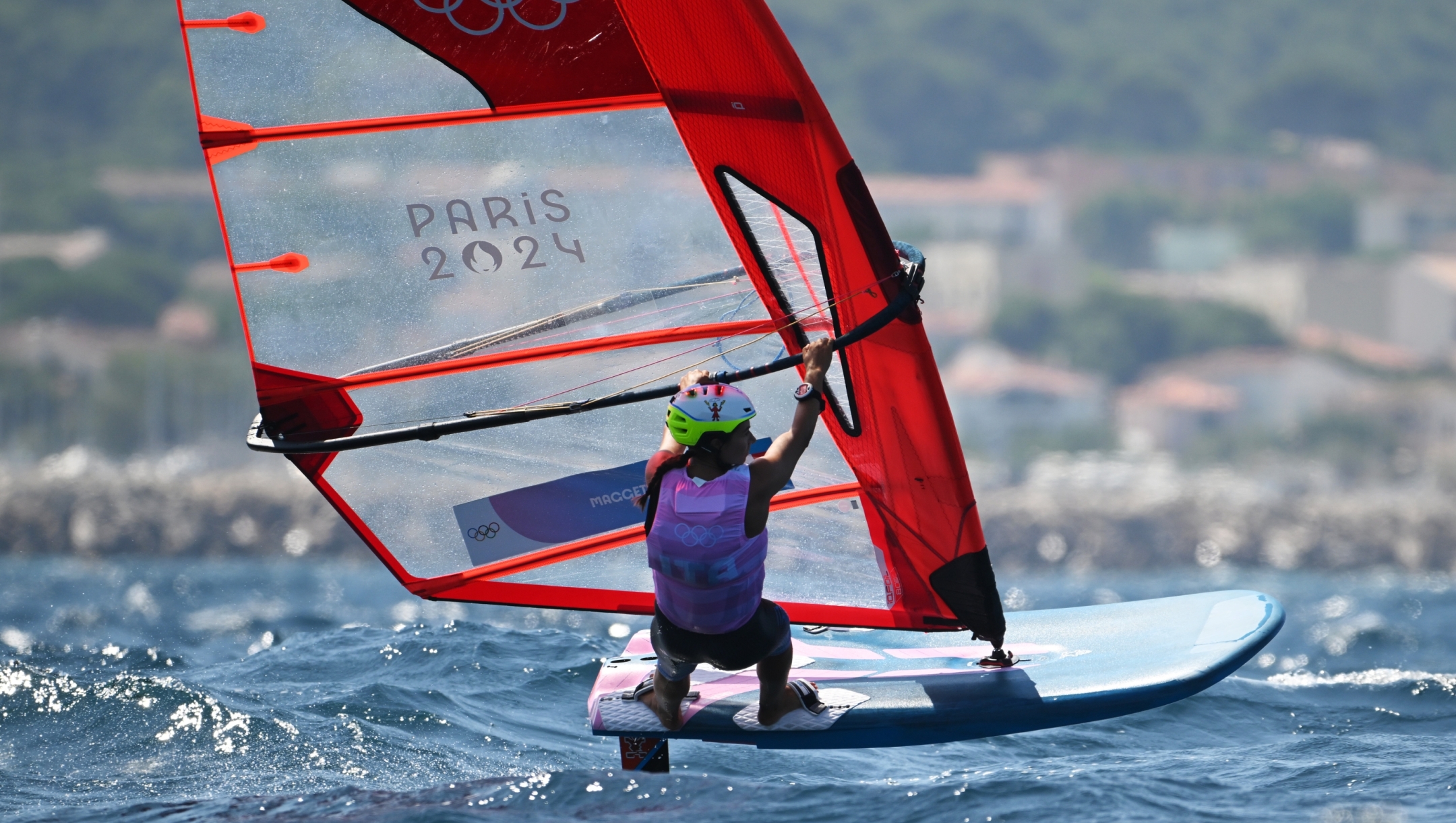 MARSEILLE, FRANCE - AUGUST 03: Marta Maggetti of Team Italy competes in the Women's Windsurf iQFoil class on day eight of the Olympic Games Paris 2024 at Marseille Marina on August 03, 2024 in Marseille, France. (Photo by Clive Mason/Getty Images)