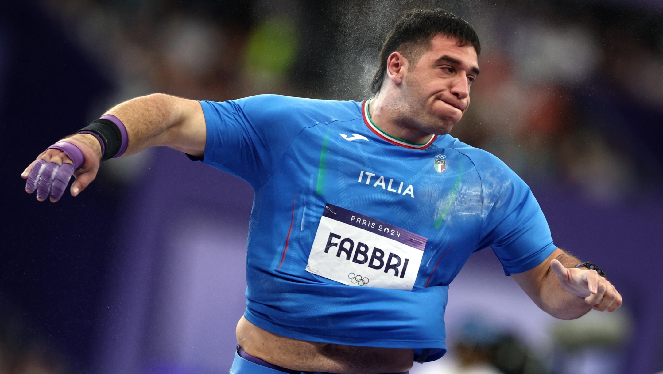 epa11523270 Leonardo Fabbri of Italy reacts during the Men's Shot Put Final of the Athletics competitions in the Paris 2024 Olympic Games, at the Stade de France stadium in Saint Denis, France, 03 August 2024.  EPA/ANNA SZILAGYI