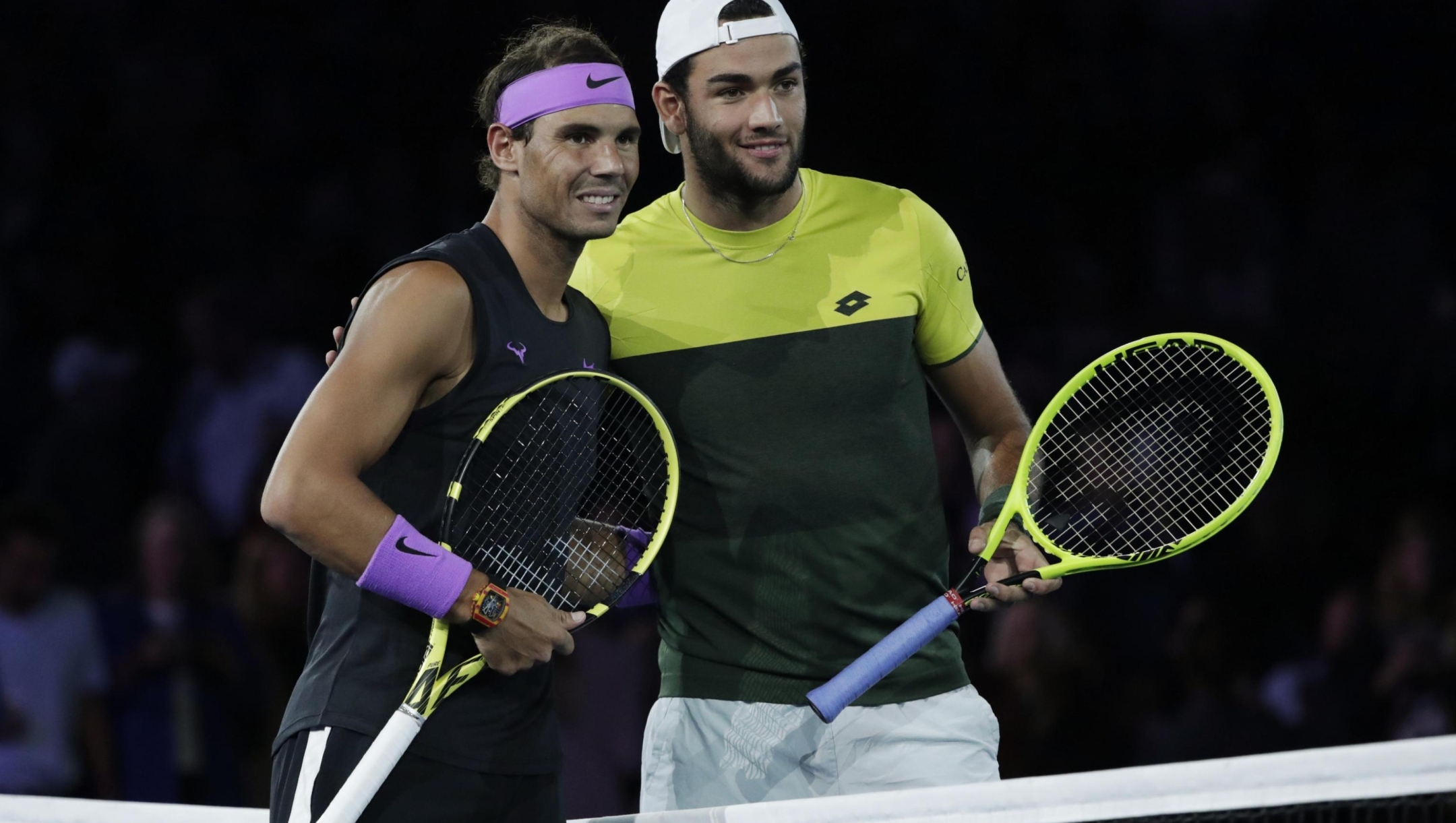 Rafael Nadal, of Spain, left, and Matteo Berrettini, of Italy, pose for a photo before the men's singles semifinals of the U.S. Open tennis championships Friday, Sept. 6, 2019, in New York. (ANSA/AP Photo/Adam Hunger) [CopyrightNotice: Copyright 2019 The Associated Press. All rights reserved.]