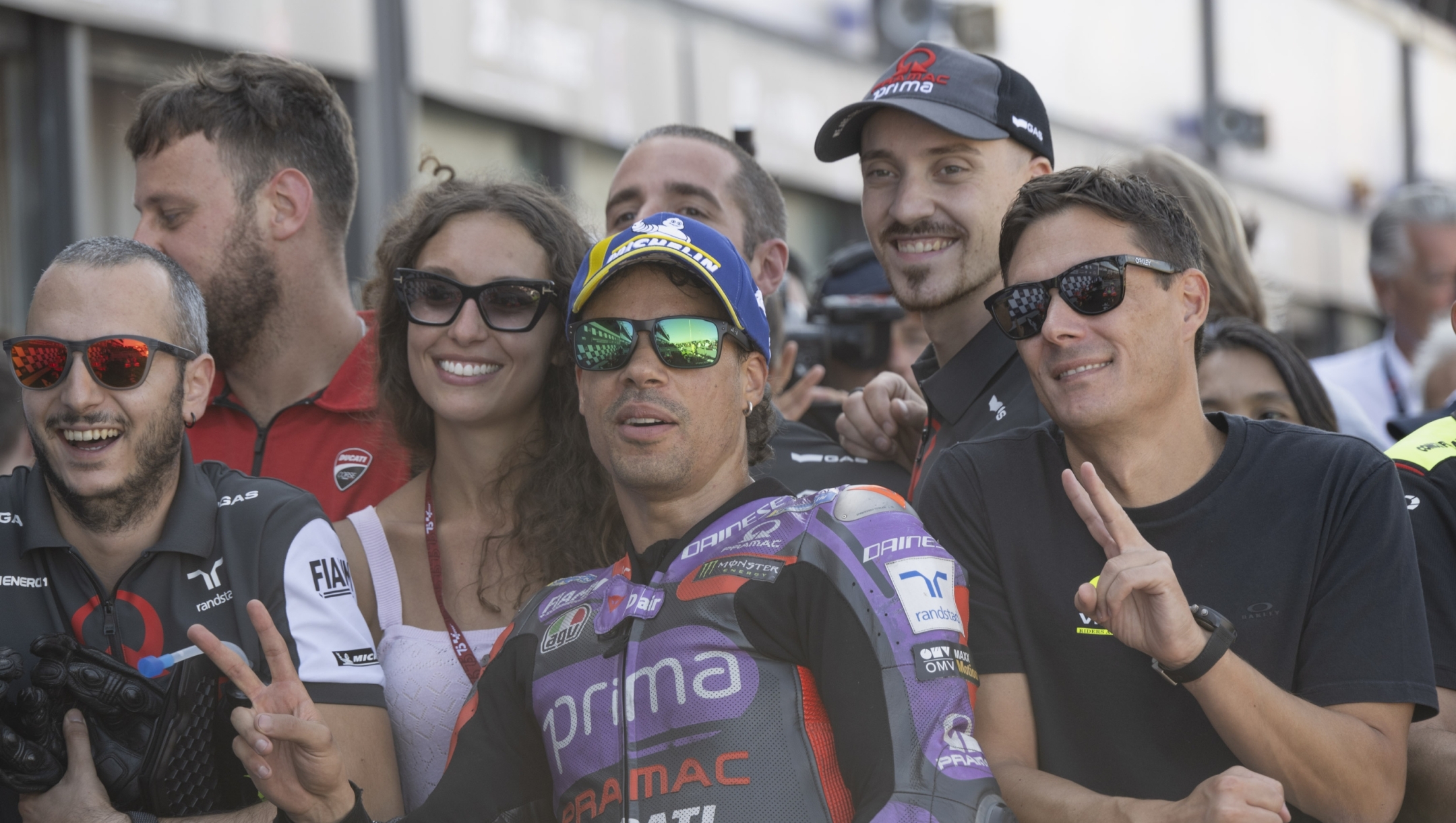 MISANO ADRIATICO, ITALY - SEPTEMBER 07: Franco Morbidelli of Italy and Prima Pramac Racing celebrates with team during the MotoGP qualifying practice during the MotoGP Of San Marino - Qualifying at Misano World Circuit on September 07, 2024 in Misano Adriatico, Italy. (Photo by Mirco Lazzari gp/Getty Images)